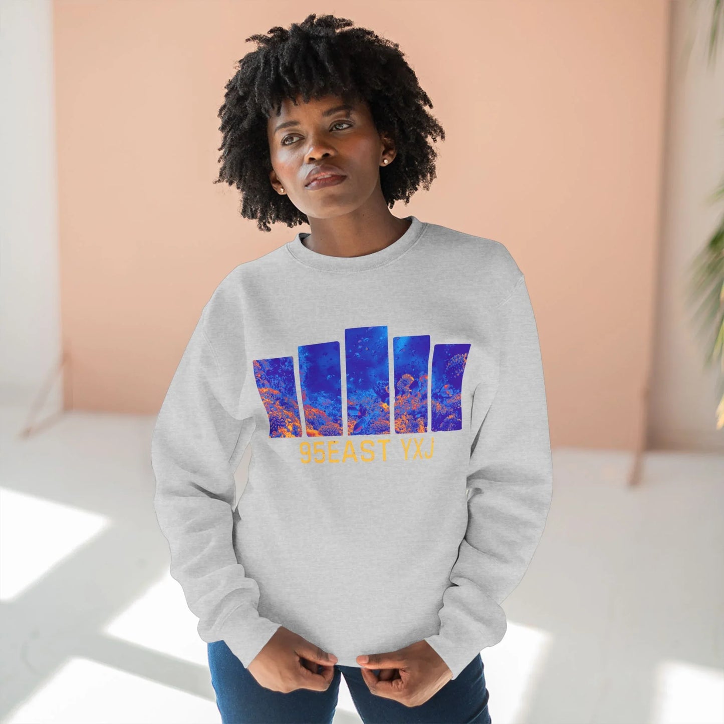95EAST YXJ Royal Blue Crewneck | Abstract Streetwear Sweatshirt | Unisex Heavyweight Pullover