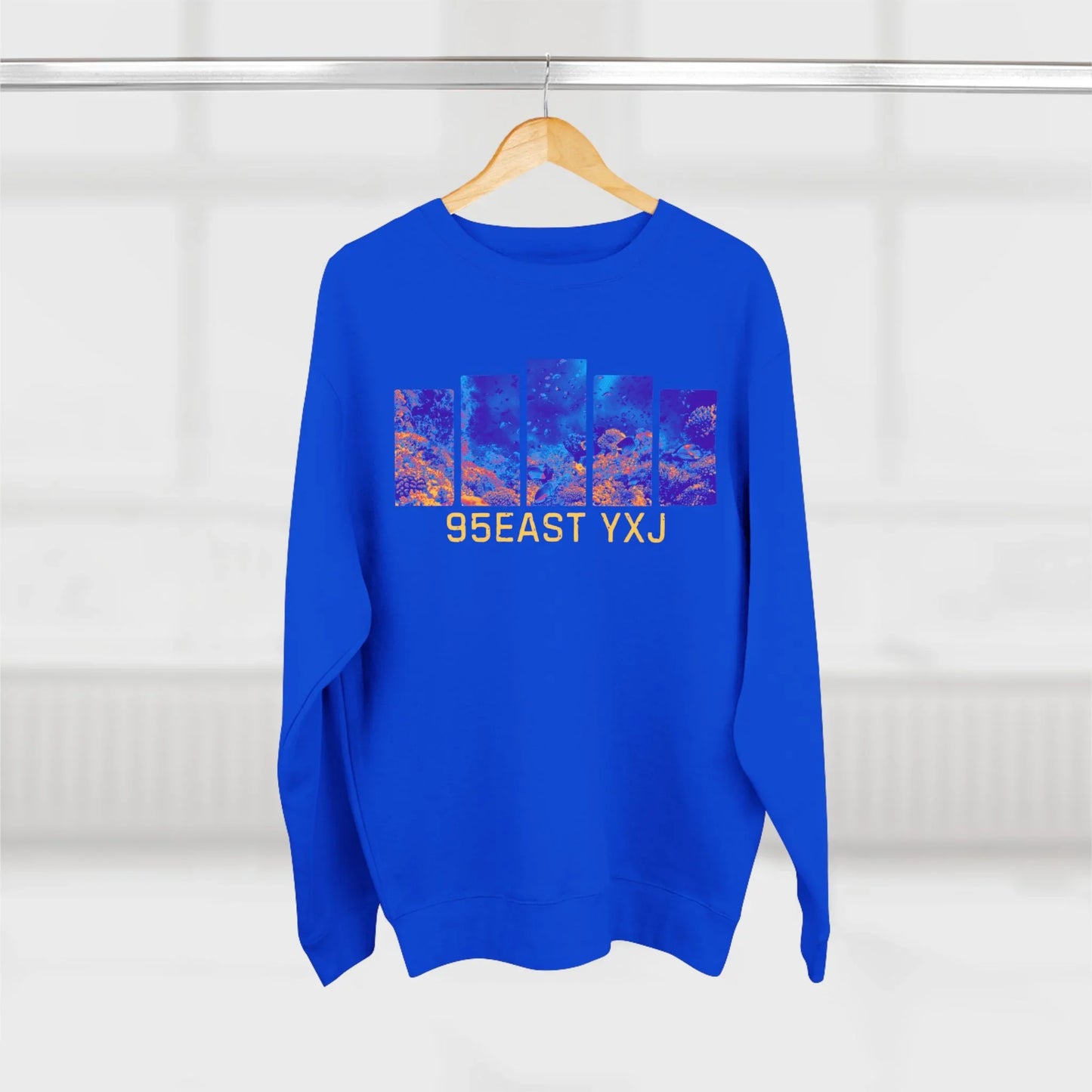 95EAST YXJ Royal Blue Crewneck | Abstract Streetwear Sweatshirt | Unisex Heavyweight Pullover