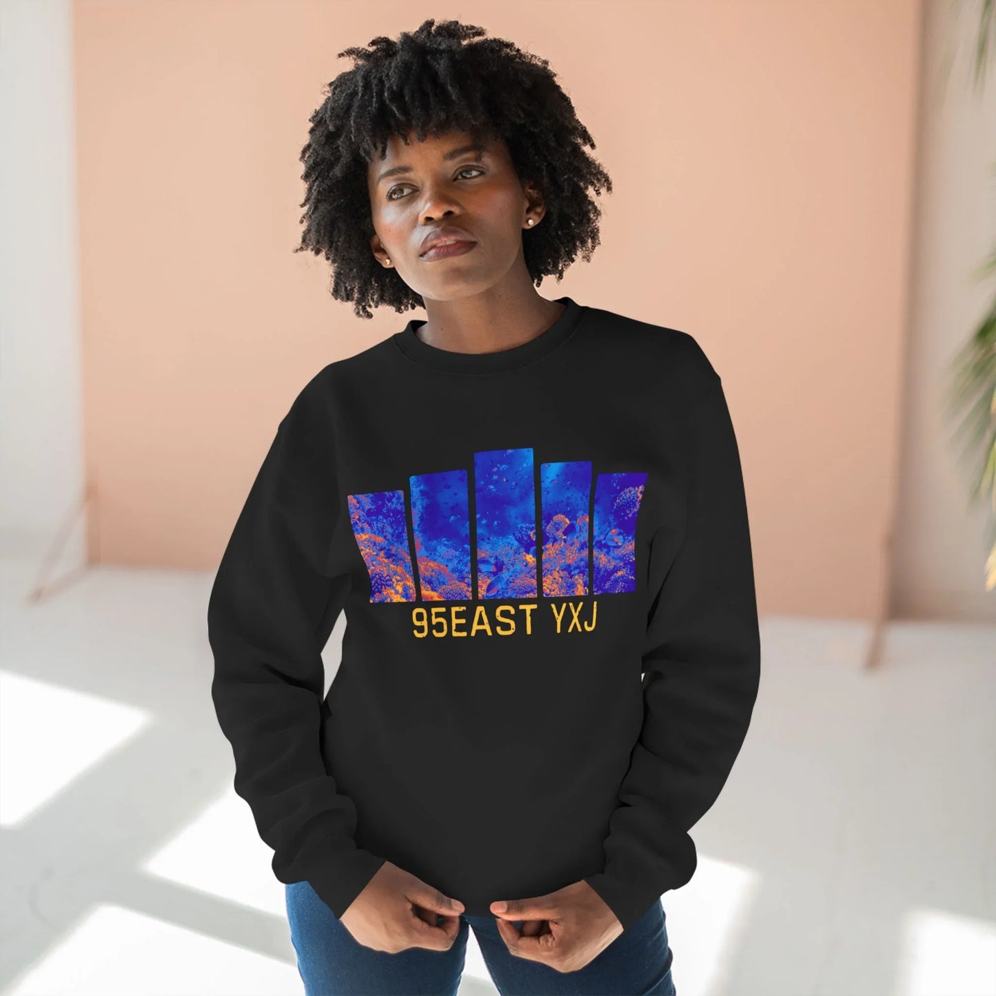 95EAST YXJ Royal Blue Crewneck | Abstract Streetwear Sweatshirt | Unisex Heavyweight Pullover