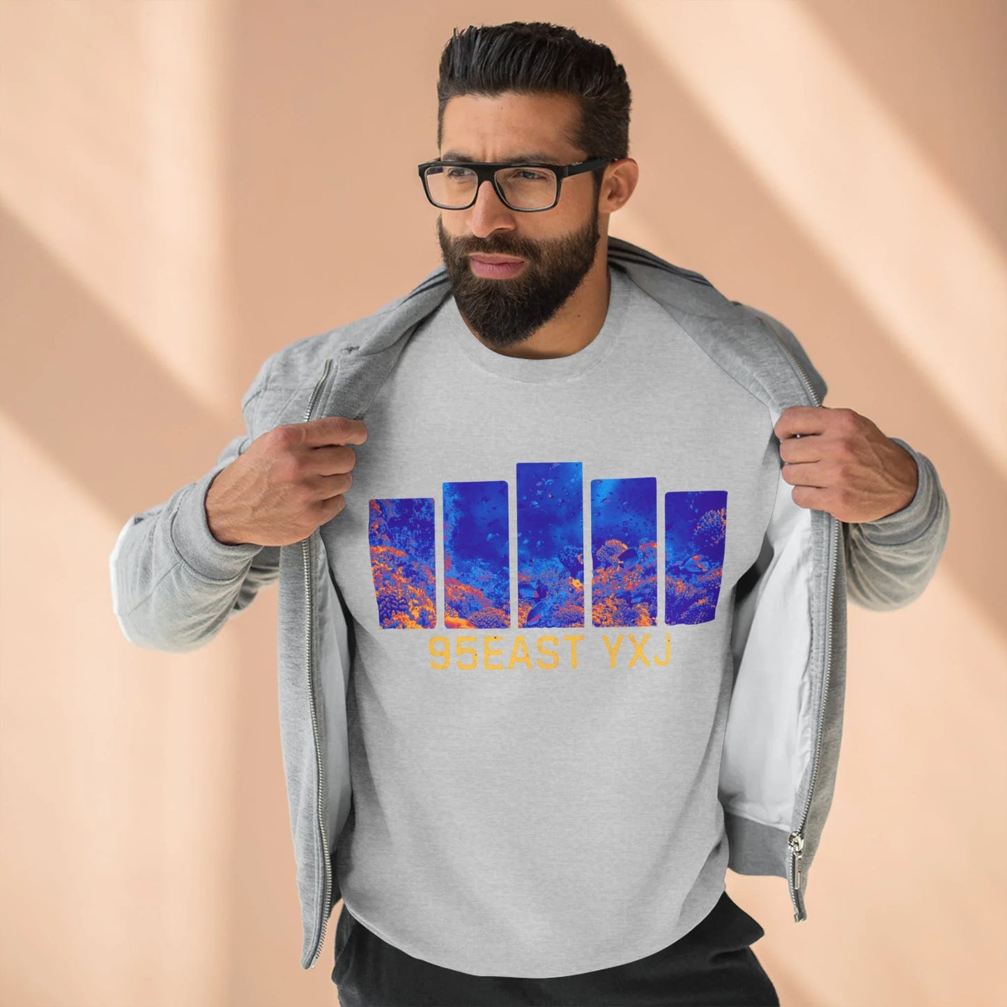 95EAST YXJ Royal Blue Crewneck | Abstract Streetwear Sweatshirt | Unisex Heavyweight Pullover