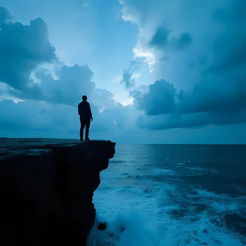 Silhouette of person standing on coastal cliff at dusk, overlooking ocean waves and dramatic sky.