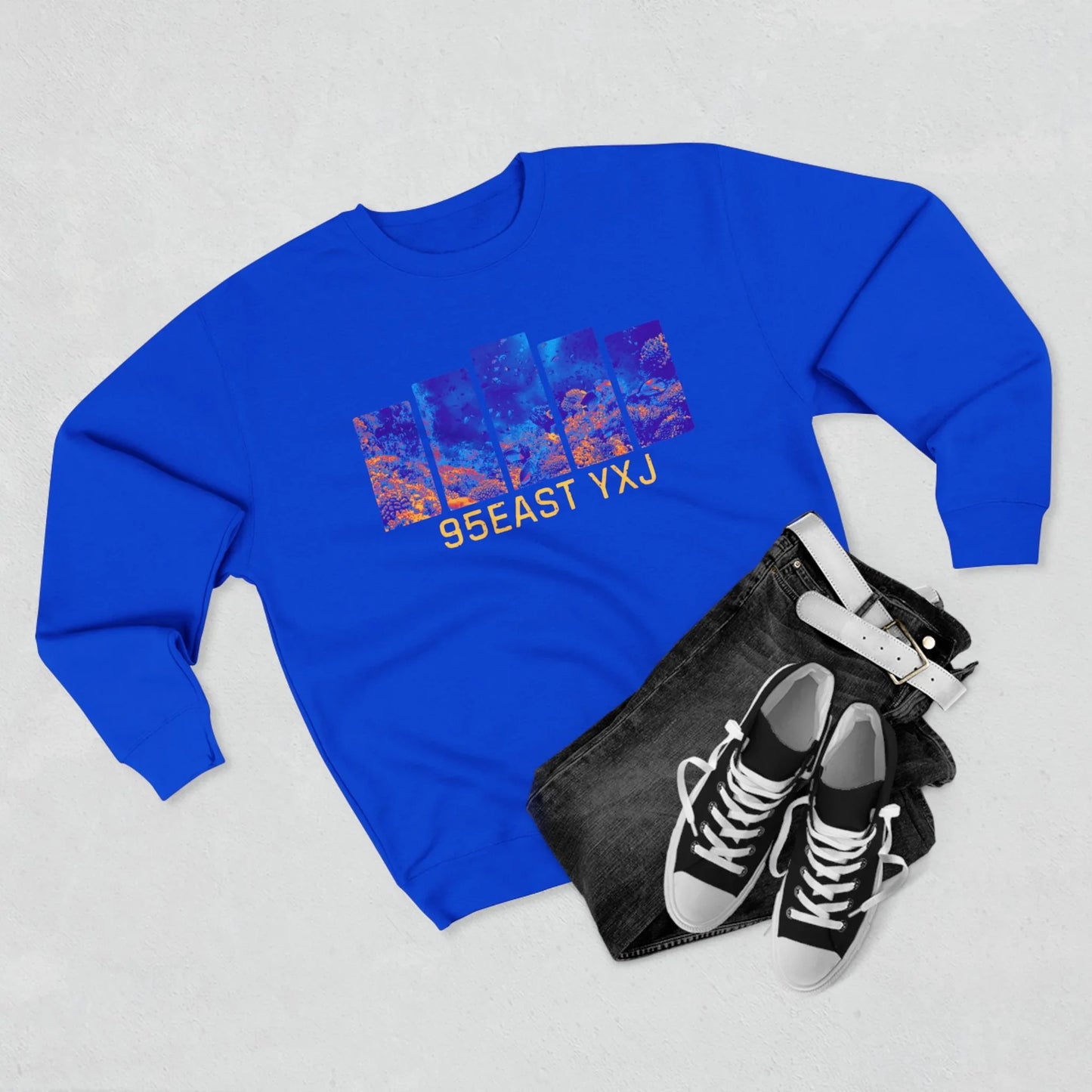 95EAST YXJ Royal Blue Crewneck | Abstract Streetwear Sweatshirt | Unisex Heavyweight Pullover