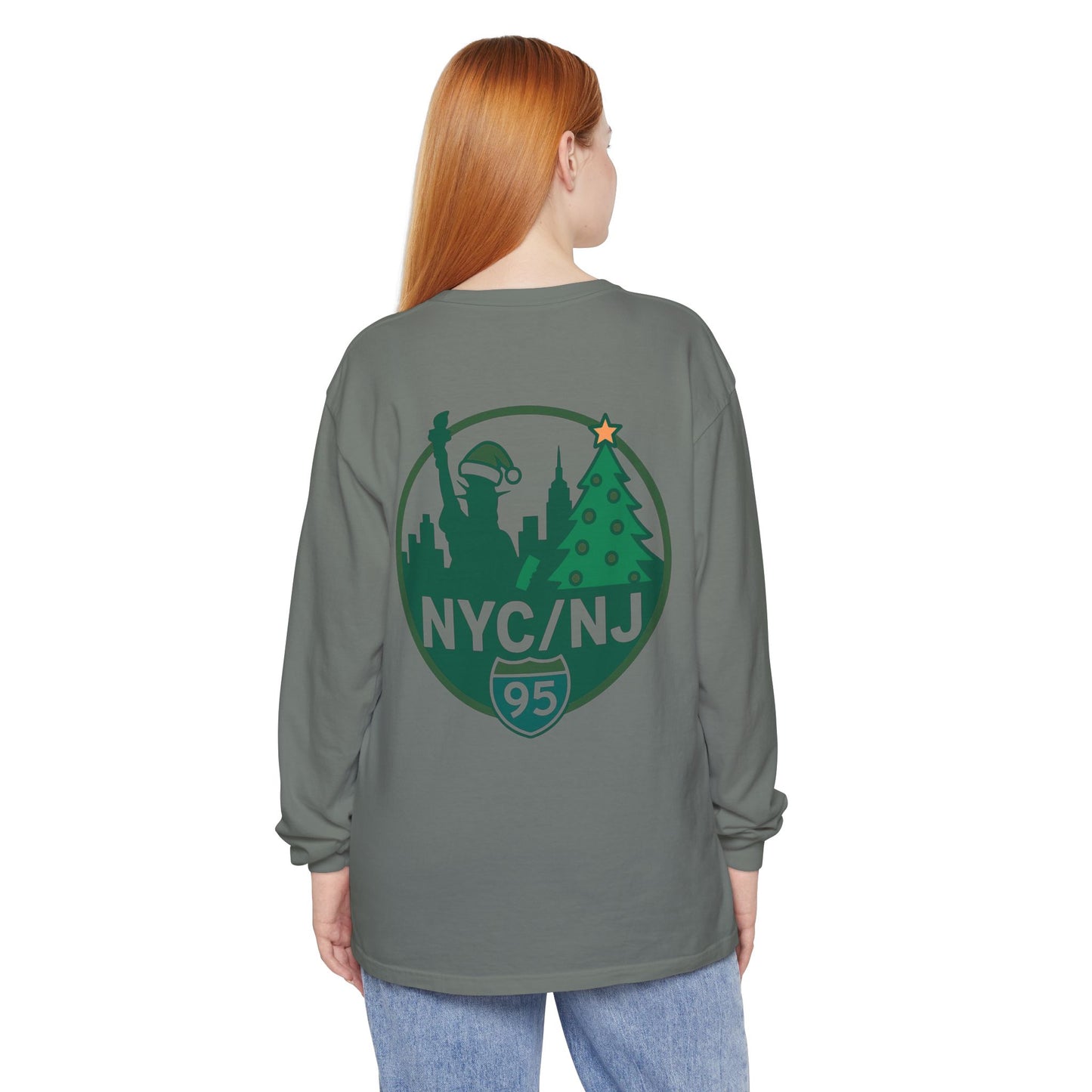 NYC/NJ I-95 Holiday Long Sleeve T-Shirt — Statue of Liberty & Christmas Tree Graphic