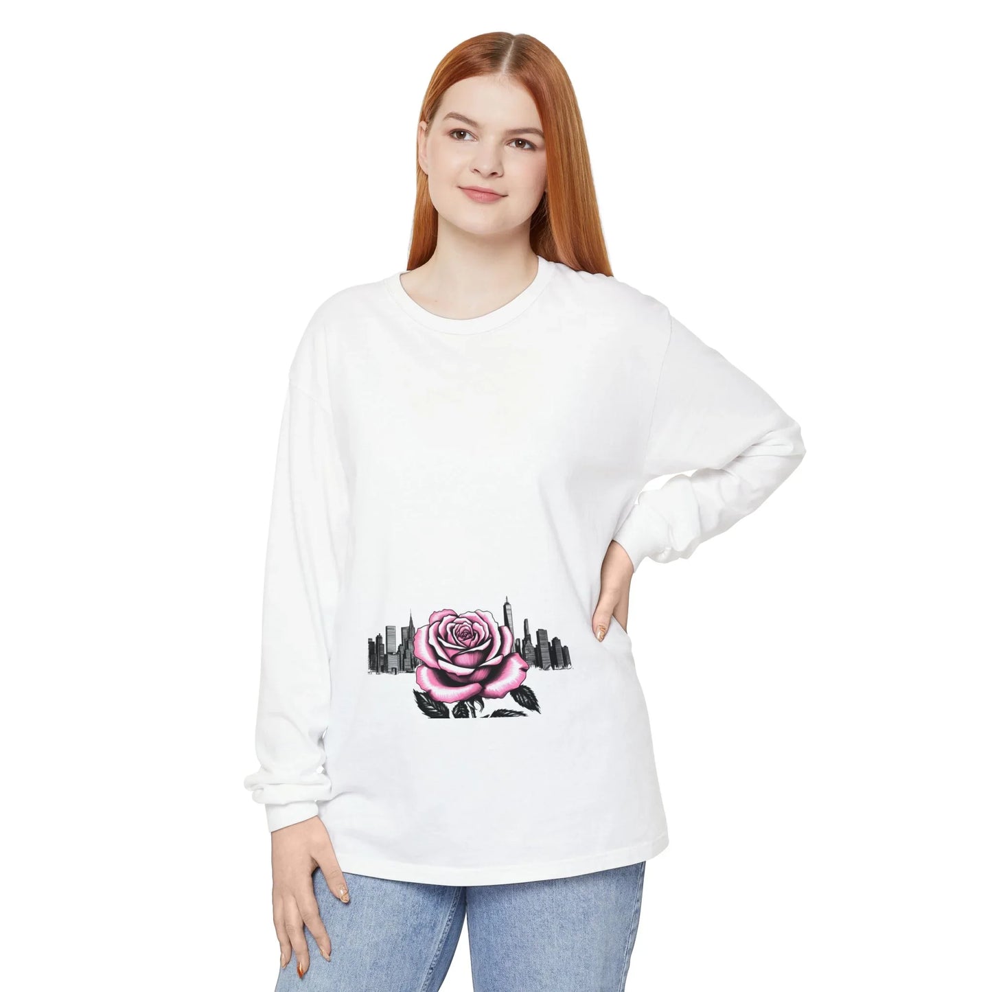 Queens Long Sleeve Tee — Rose & City Skyline Graphic
