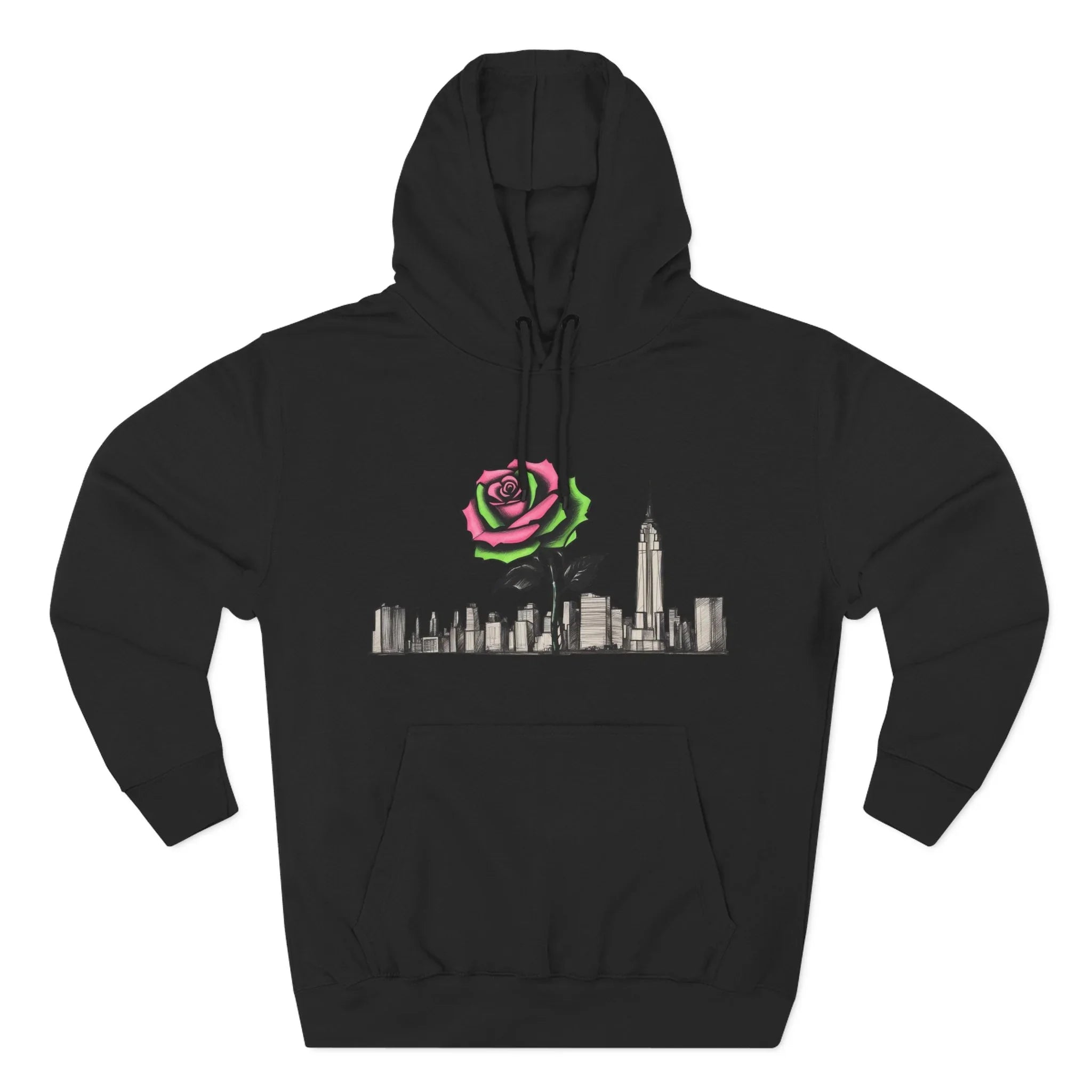 Black hoodie with graphic of a city skyline featuring a pink and green rose growing among buildings