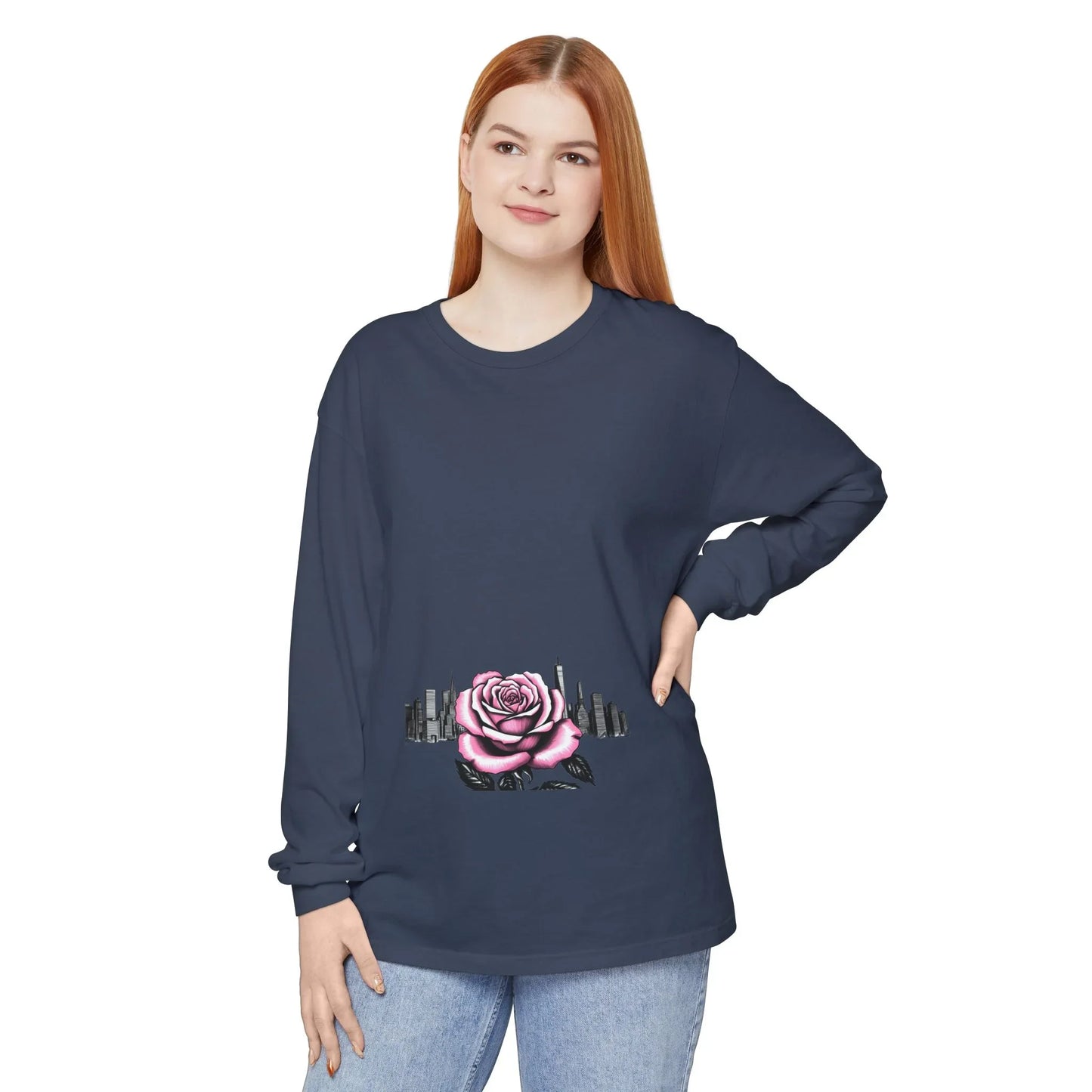 Queens Long Sleeve Tee — Rose & City Skyline Graphic
