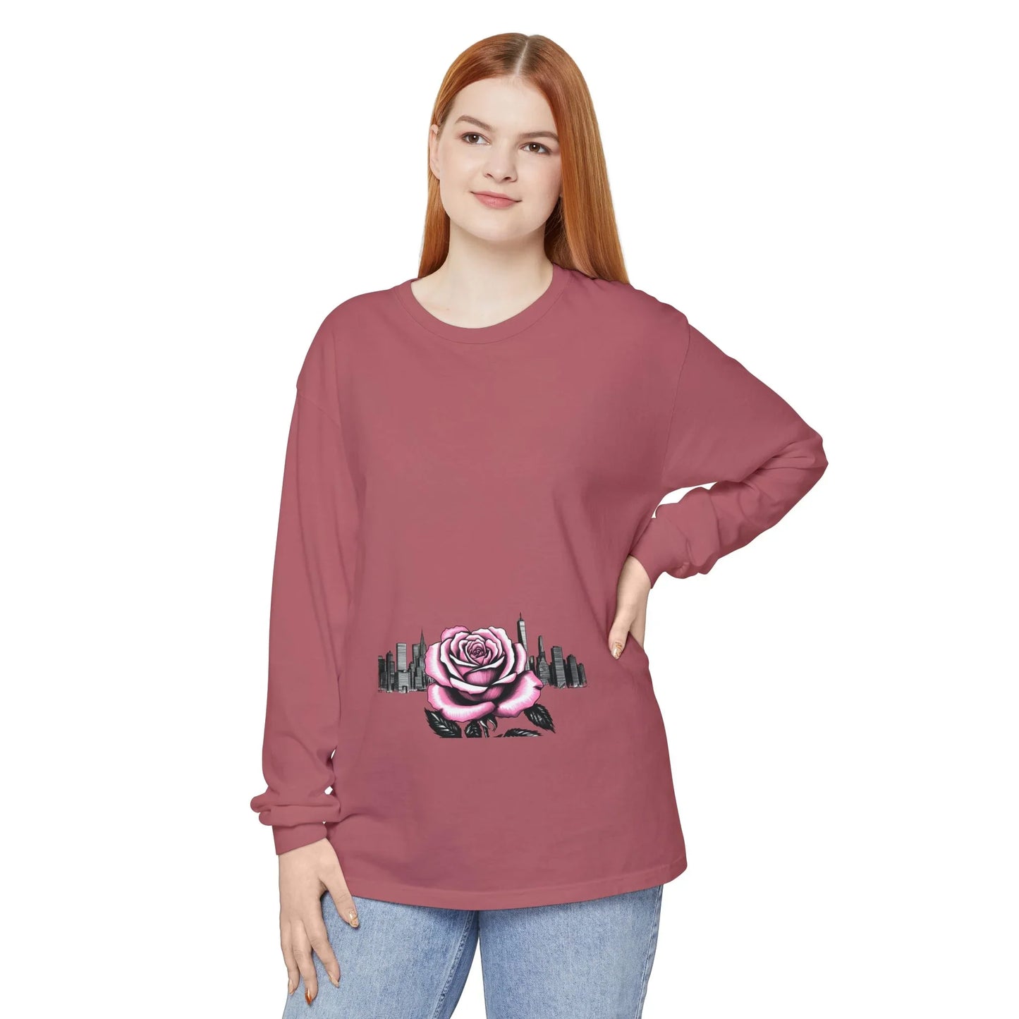 Queens Long Sleeve Tee — Rose & City Skyline Graphic