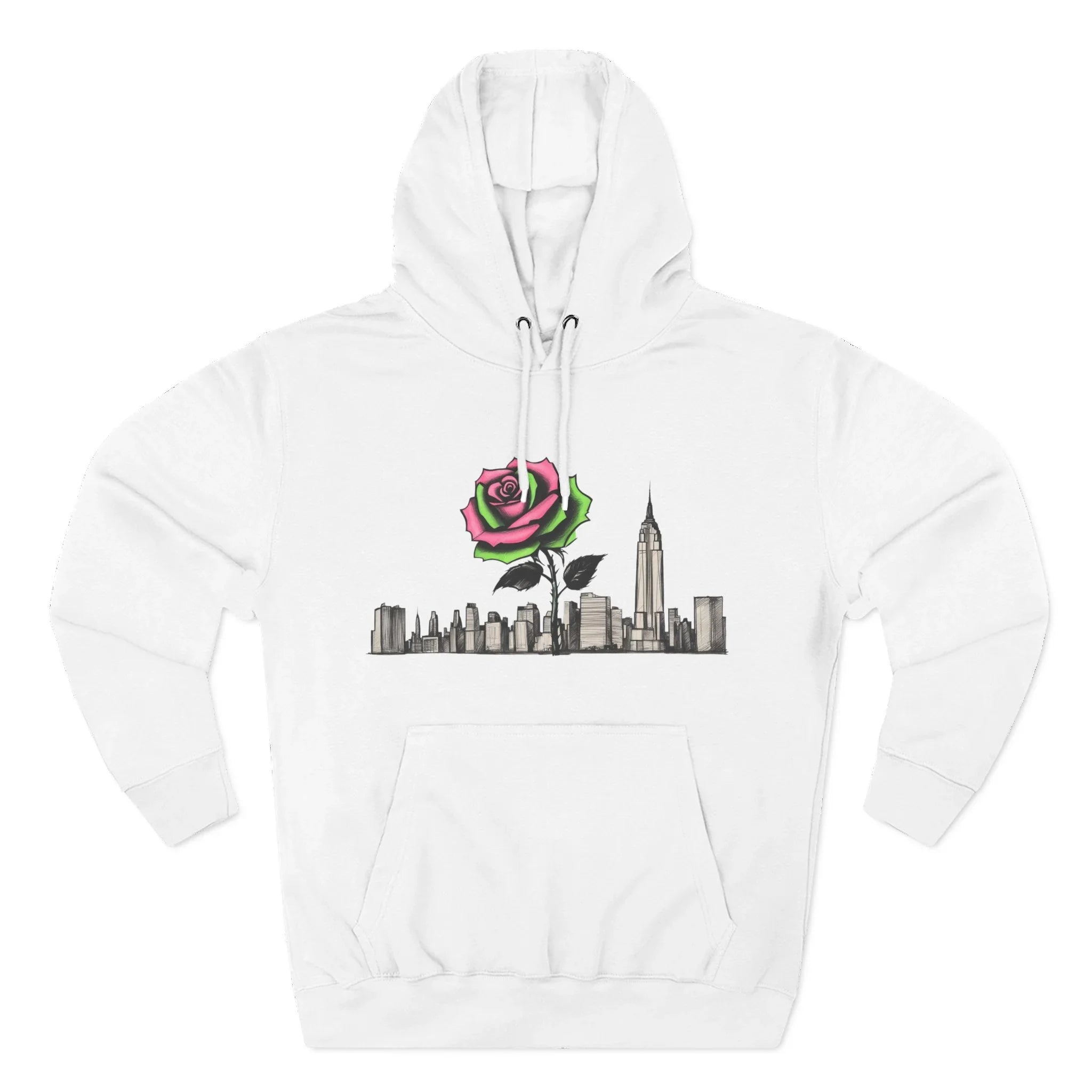 White hoodie with graphic of pink rose growing over New York City skyline featuring Empire State Building