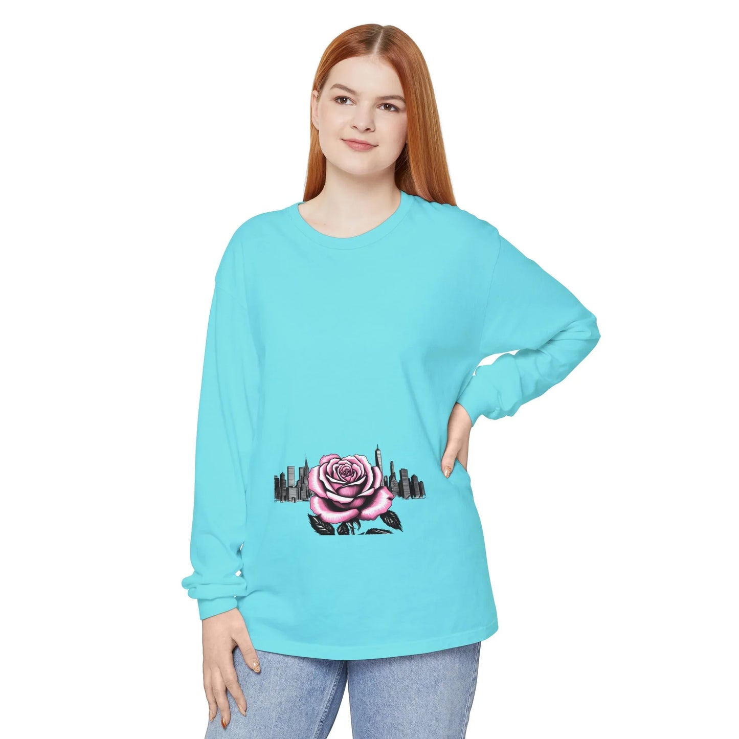 Queens Long Sleeve Tee — Rose & City Skyline Graphic
