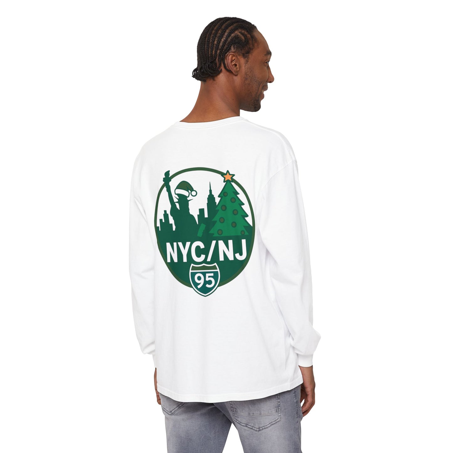 NYC/NJ I-95 Holiday Long Sleeve T-Shirt — Statue of Liberty & Christmas Tree Graphic