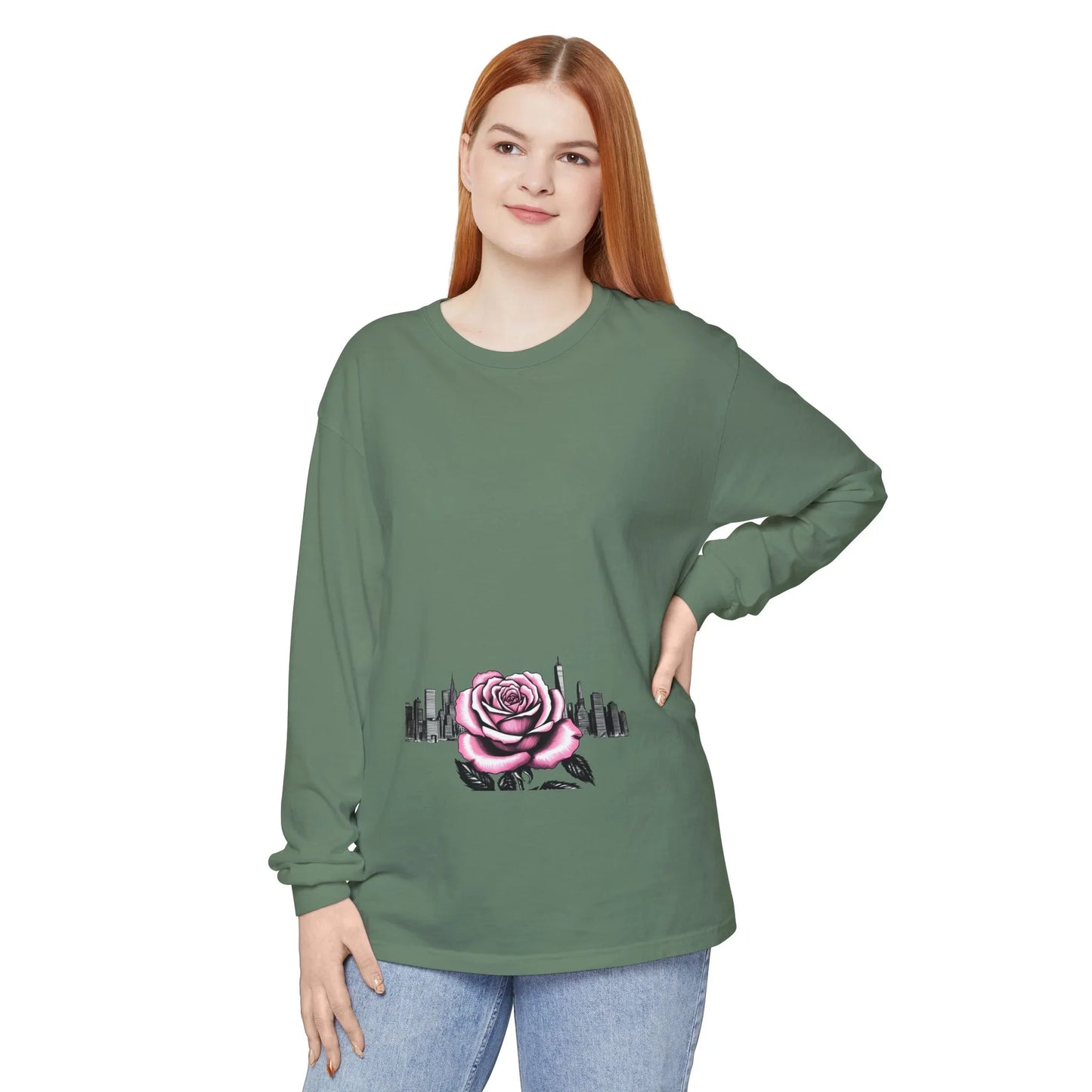 Queens Long Sleeve Tee — Rose & City Skyline Graphic