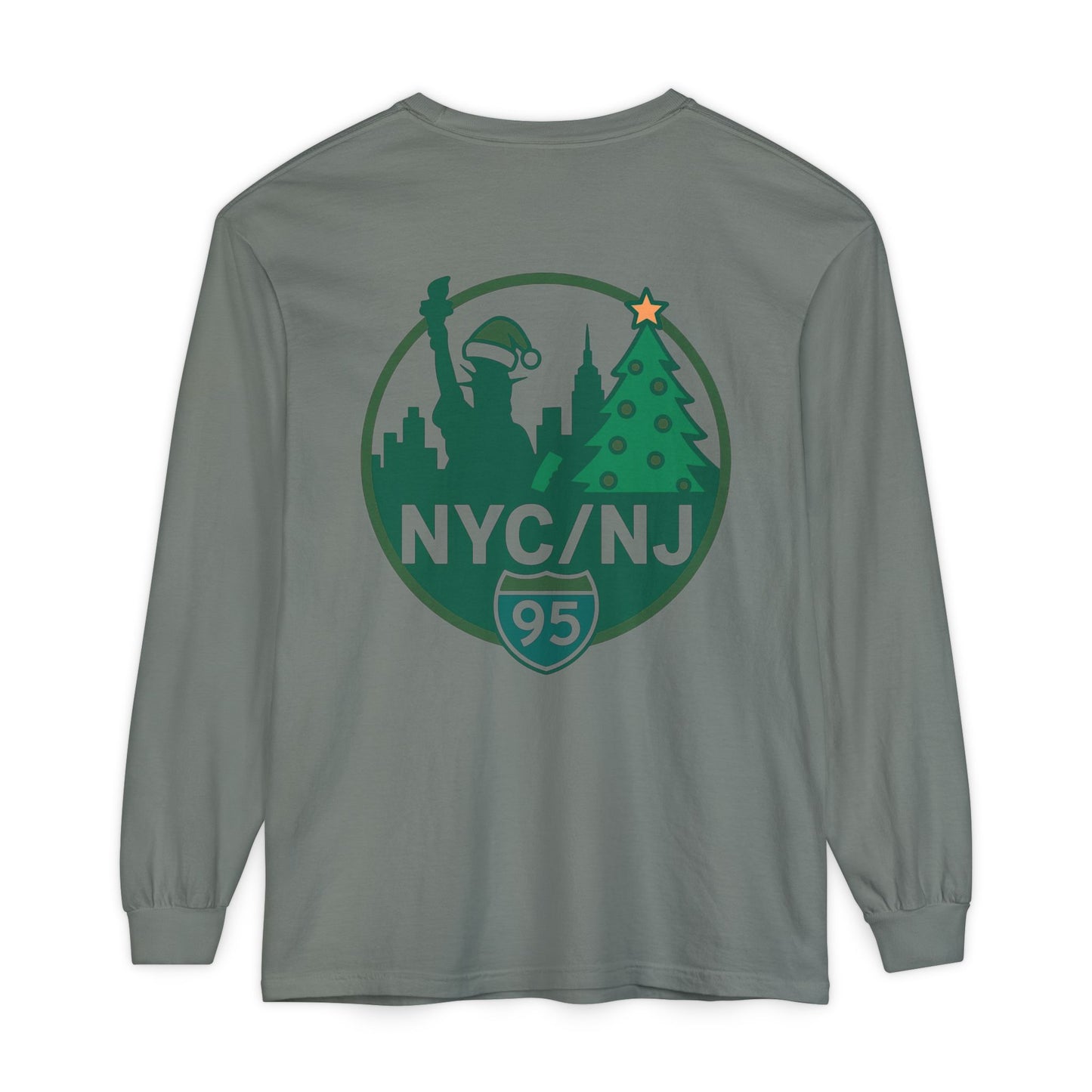 NYC/NJ I-95 Holiday Long Sleeve T-Shirt — Statue of Liberty & Christmas Tree Graphic