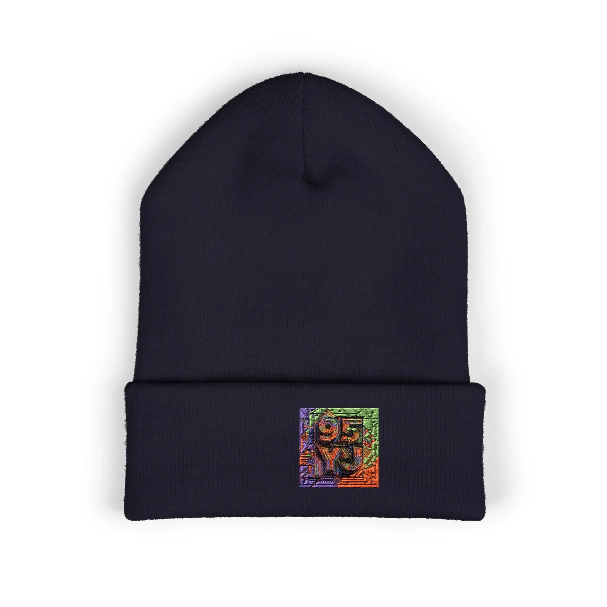 Embroidered Colorful Abstract Square Beanie - Cuffed Knit Hat for Winter