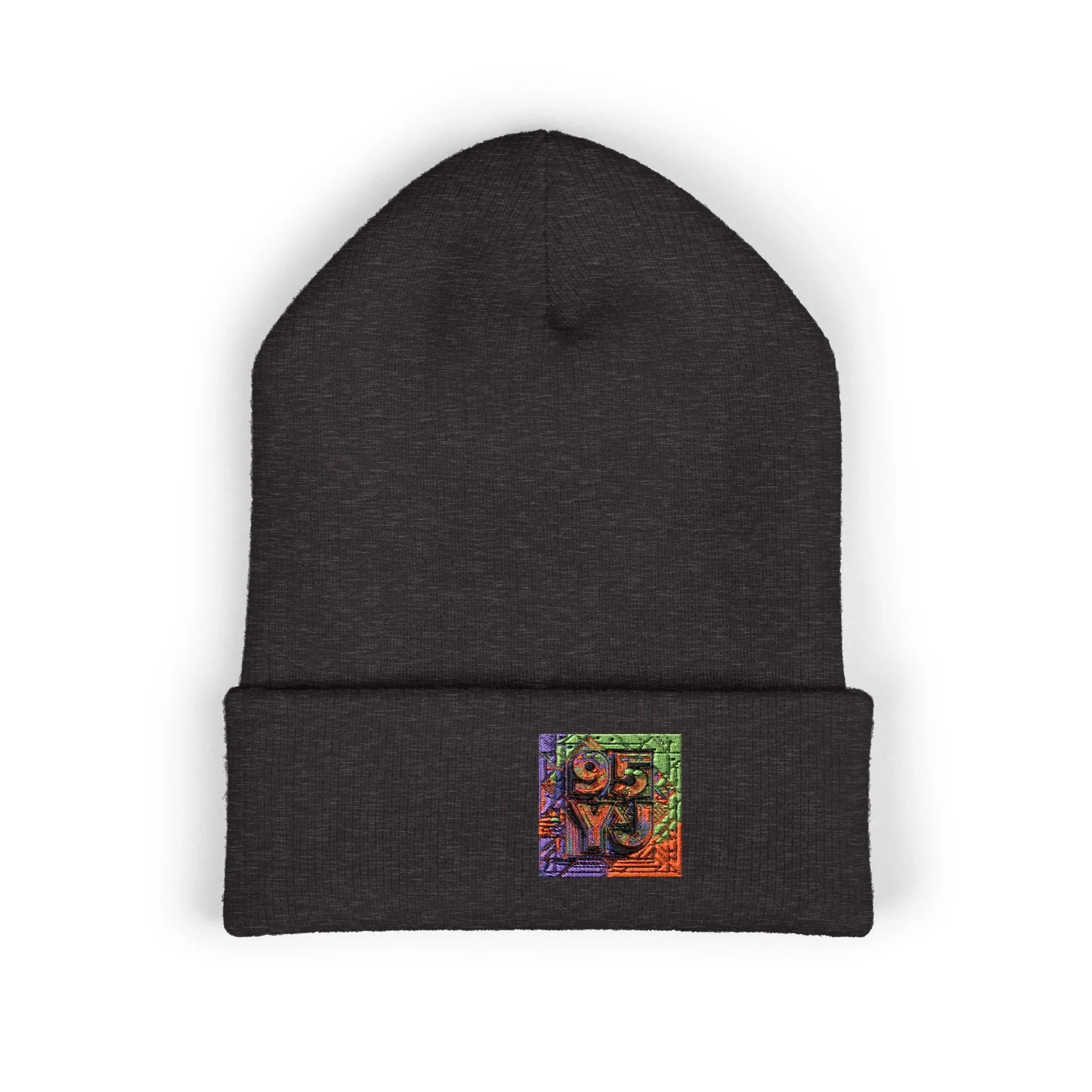 Embroidered Colorful Abstract Square Beanie - Cuffed Knit Hat for Winter