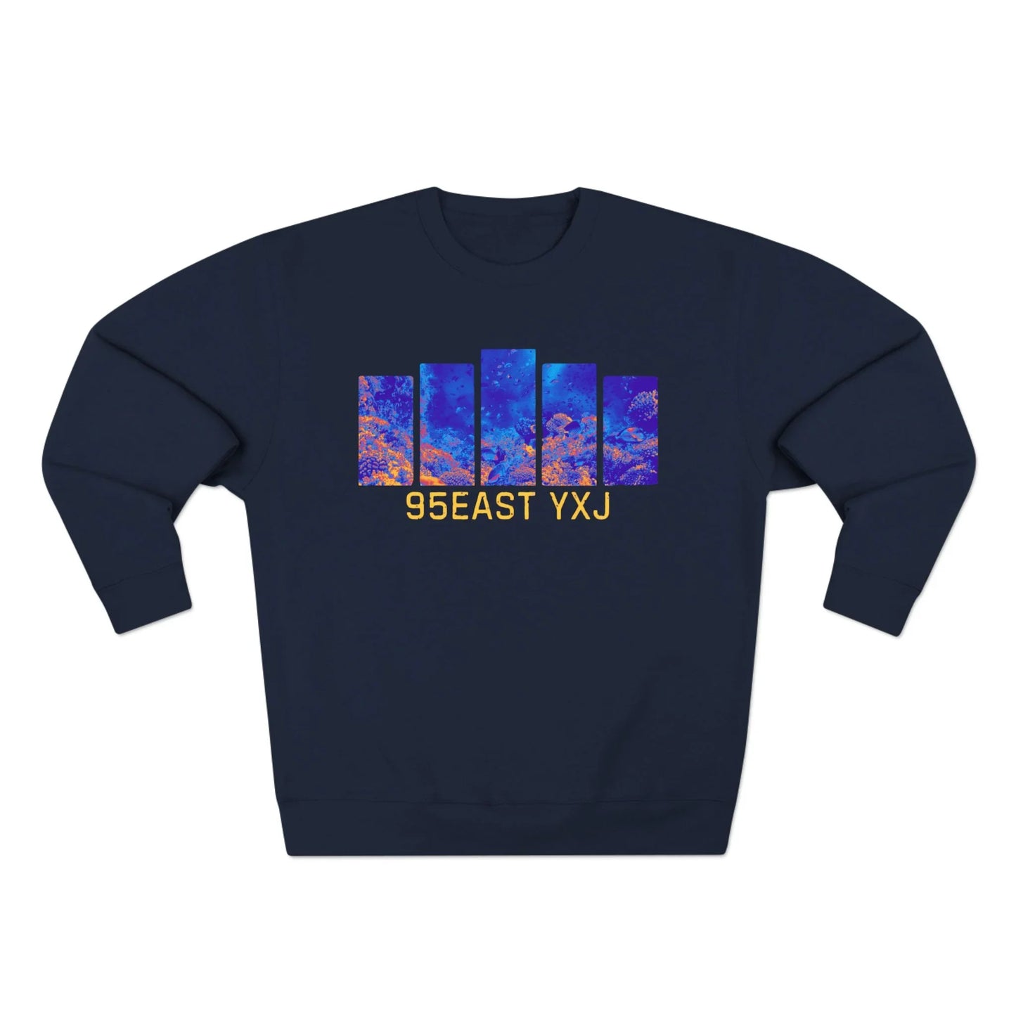 95EAST YXJ Royal Blue Crewneck | Abstract Streetwear Sweatshirt | Unisex Heavyweight Pullover