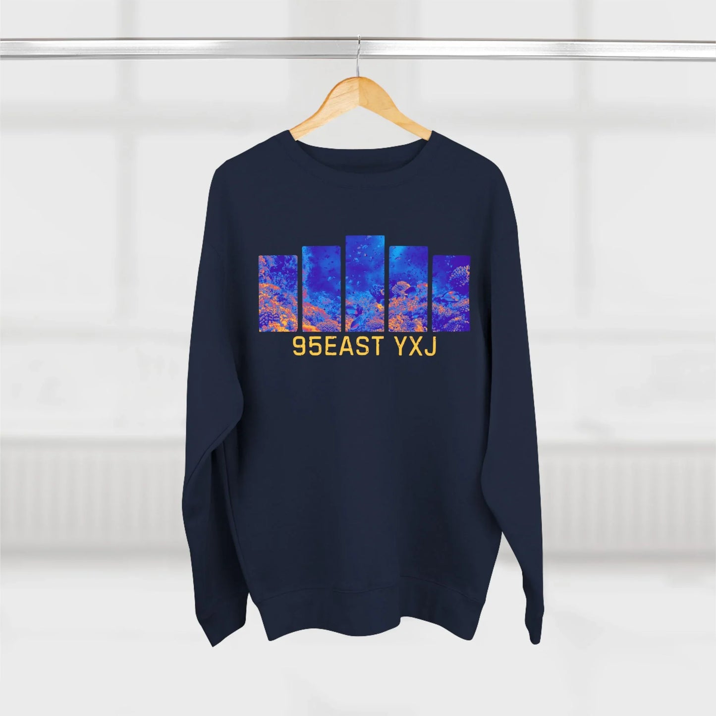 95EAST YXJ Royal Blue Crewneck | Abstract Streetwear Sweatshirt | Unisex Heavyweight Pullover