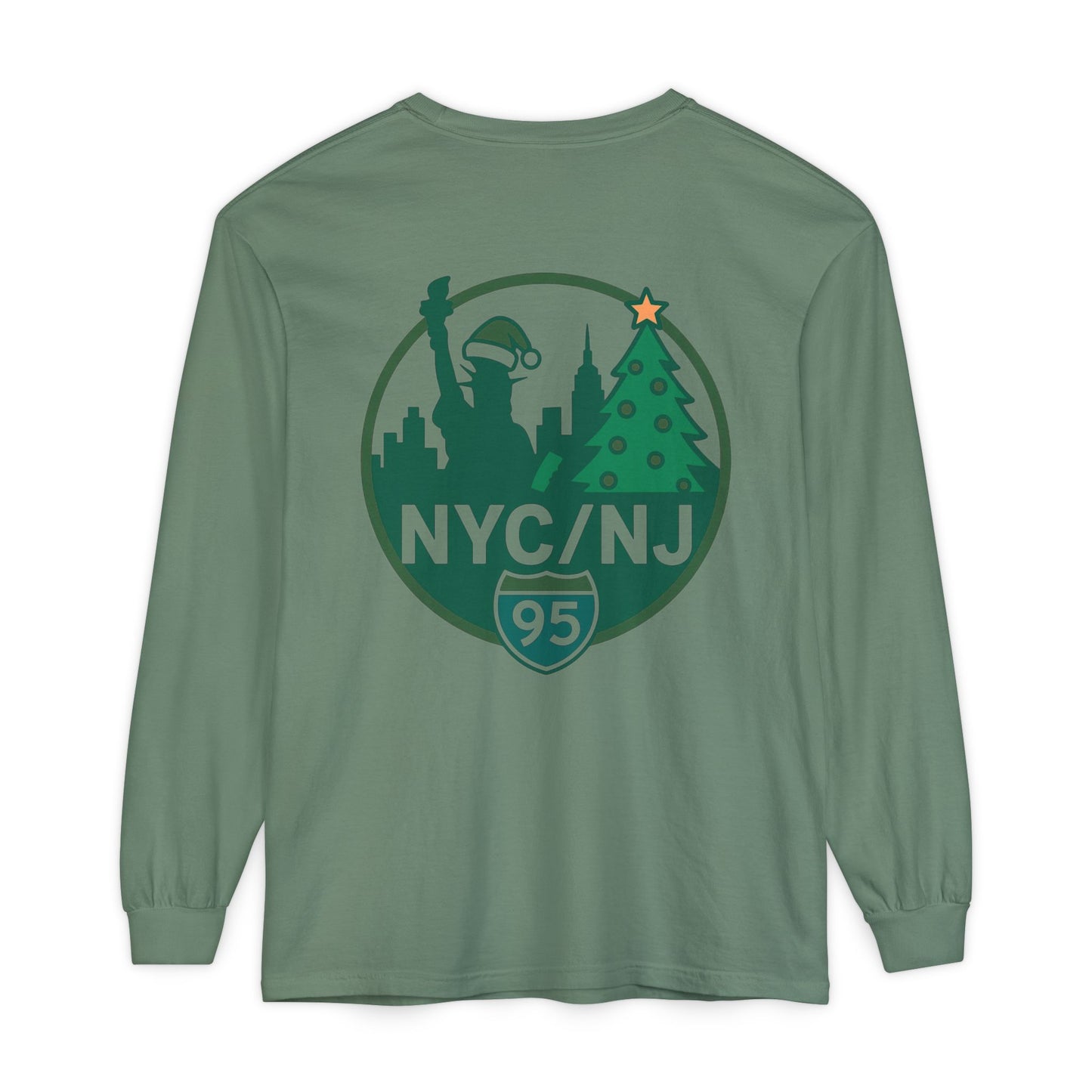 NYC/NJ I-95 Holiday Long Sleeve T-Shirt — Statue of Liberty & Christmas Tree Graphic