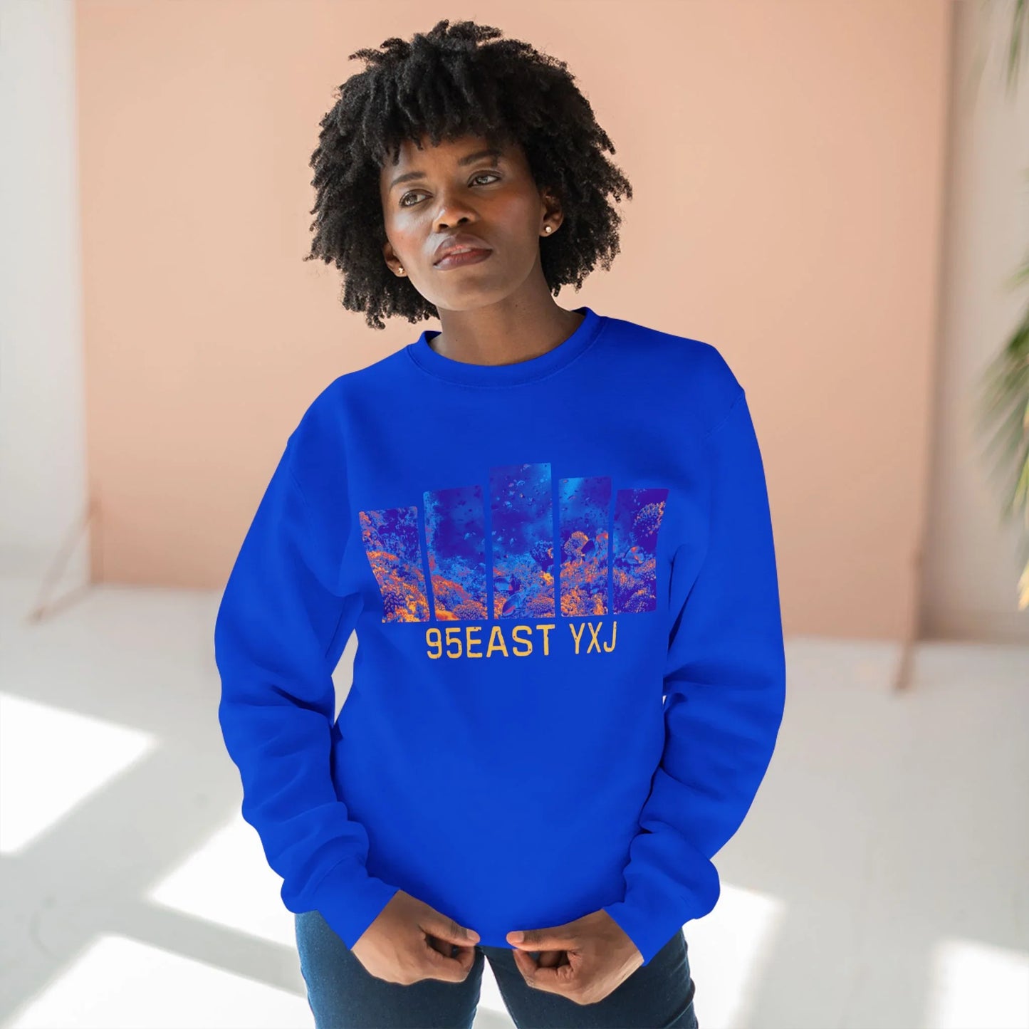 95EAST YXJ Royal Blue Crewneck | Abstract Streetwear Sweatshirt | Unisex Heavyweight Pullover