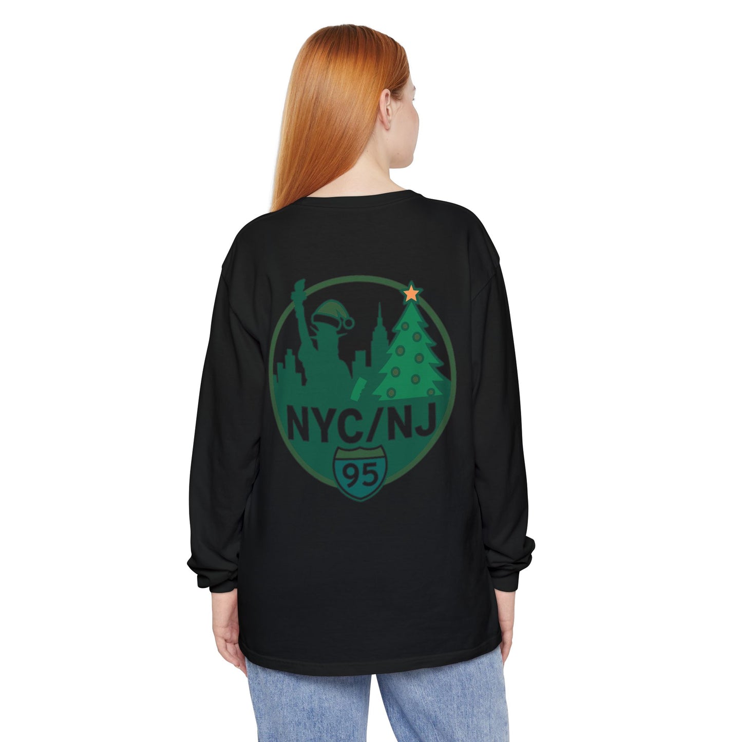 NYC/NJ I-95 Holiday Long Sleeve T-Shirt — Statue of Liberty & Christmas Tree Graphic