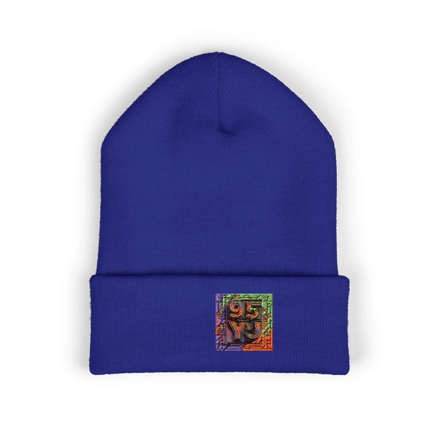 Embroidered Colorful Abstract Square Beanie - Cuffed Knit Hat for Winter