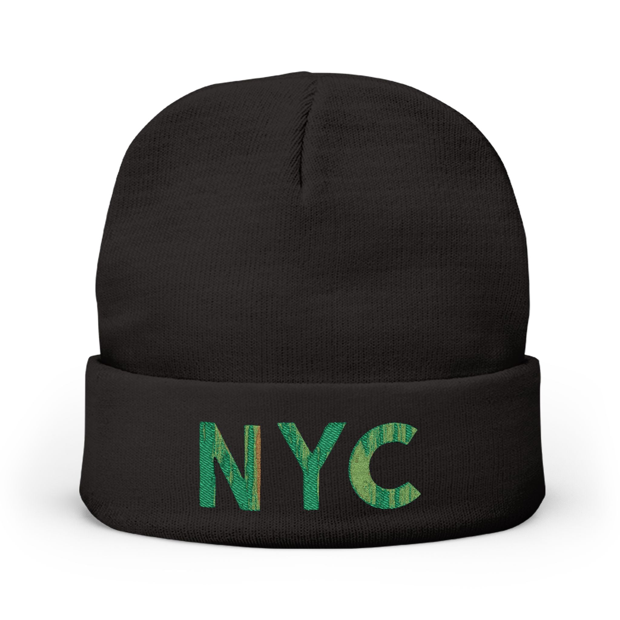 NYC Green Glitter Embroidered Knit Beanie — Sparkle City Winter Hat