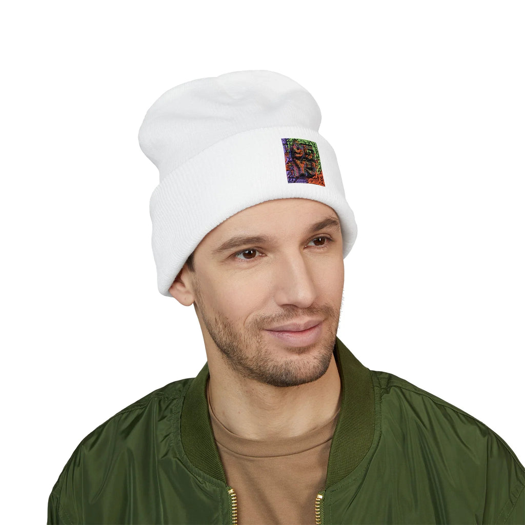 Embroidered Colorful Abstract Square Beanie - Cuffed Knit Hat for Winter