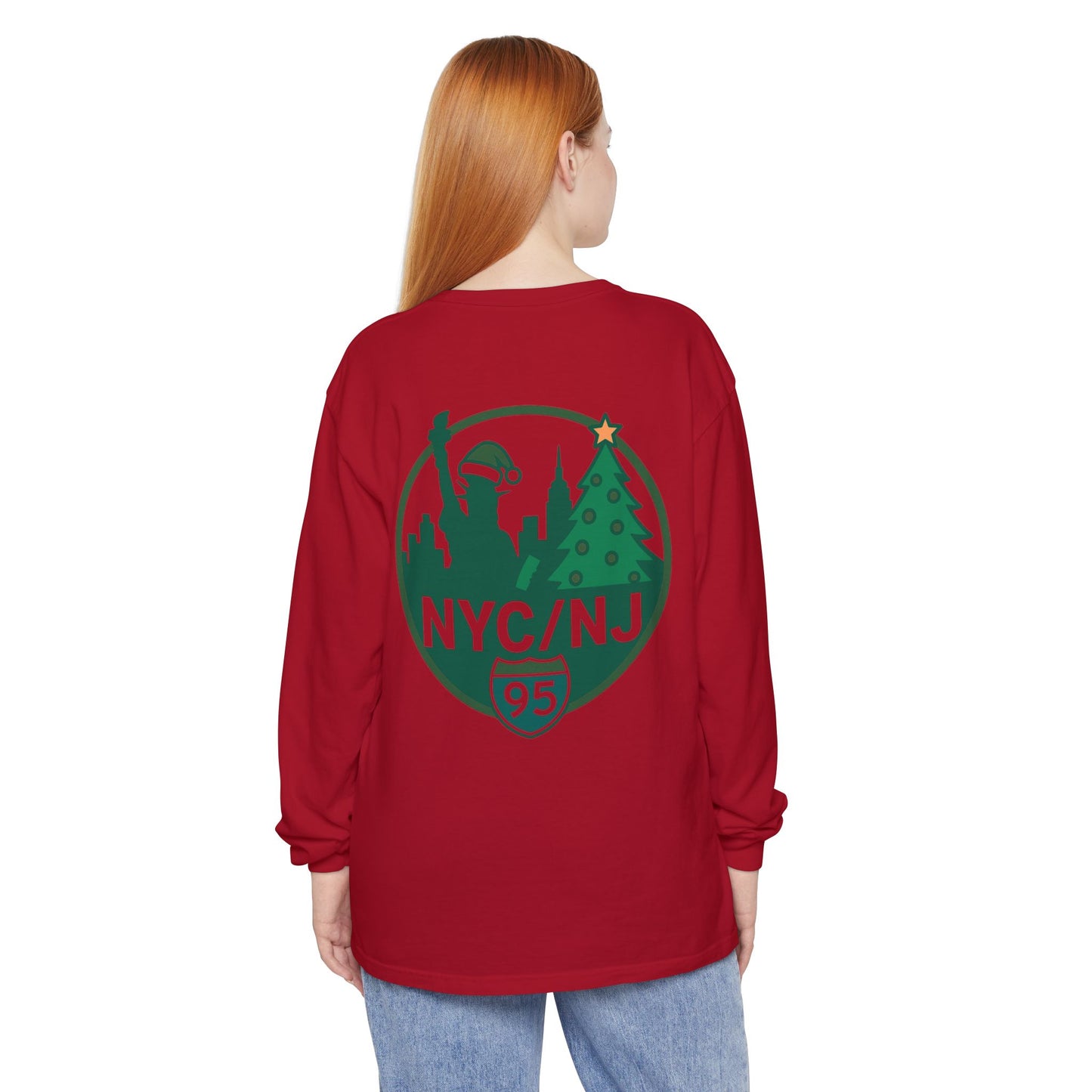 NYC/NJ I-95 Holiday Long Sleeve T-Shirt — Statue of Liberty & Christmas Tree Graphic
