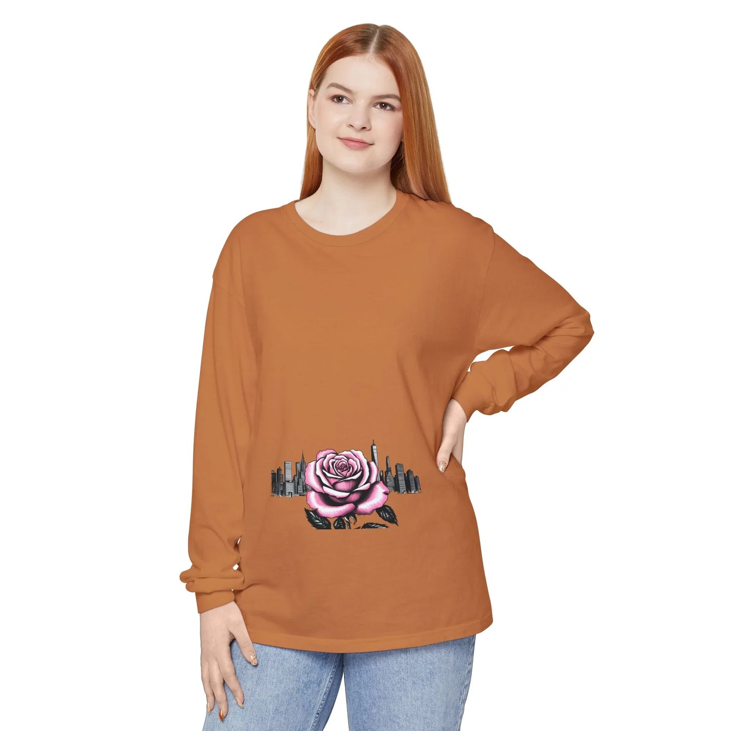 Queens Long Sleeve Tee — Rose & City Skyline Graphic