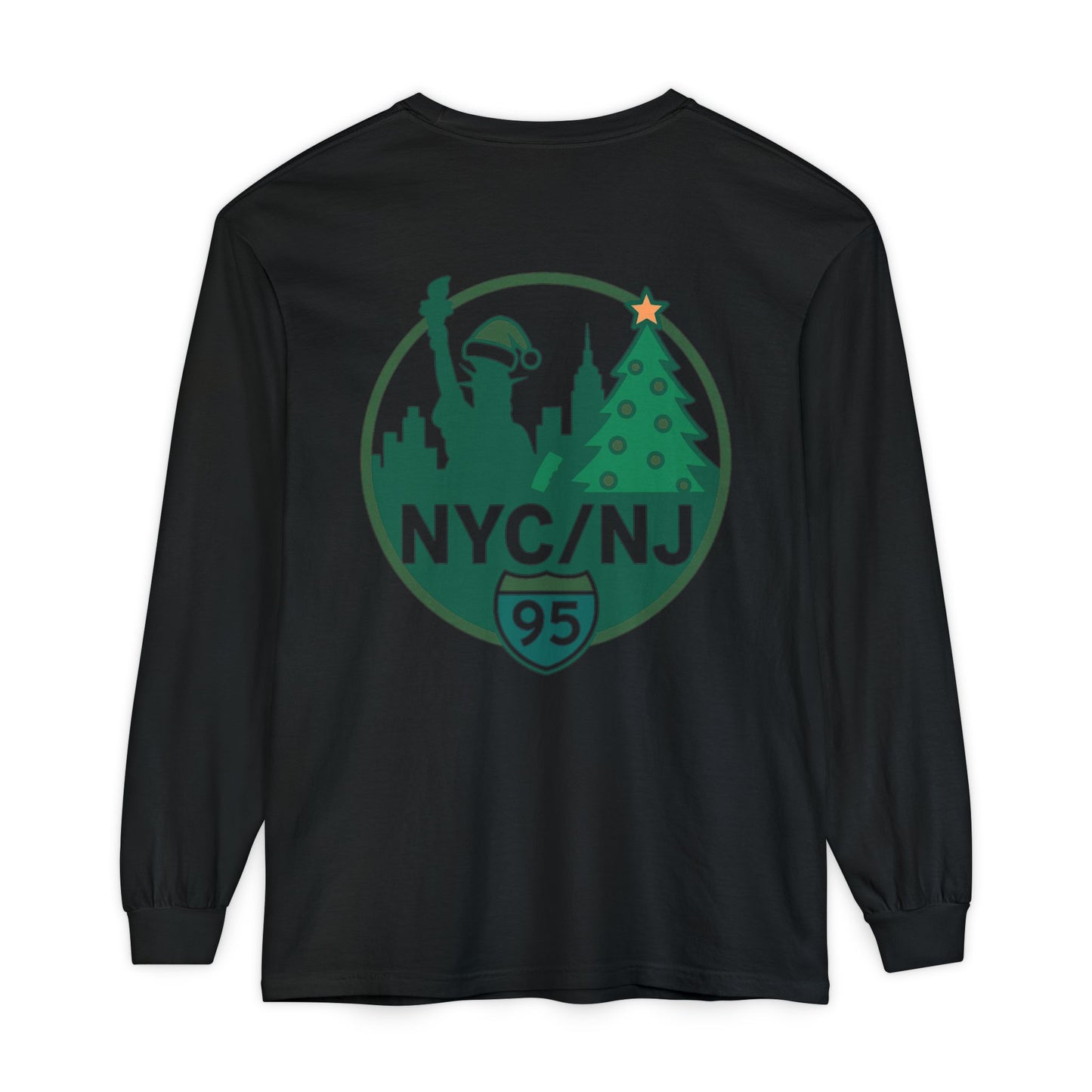 NYC/NJ I-95 Holiday Long Sleeve T-Shirt — Statue of Liberty & Christmas Tree Graphic