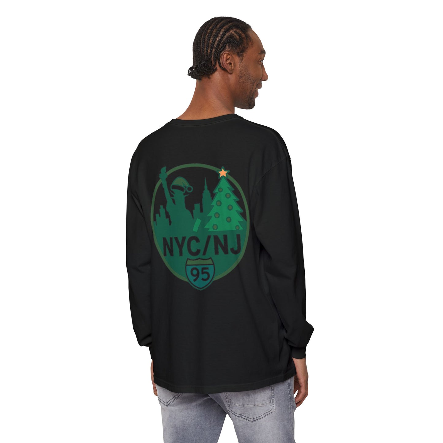 NYC/NJ I-95 Holiday Long Sleeve T-Shirt — Statue of Liberty & Christmas Tree Graphic