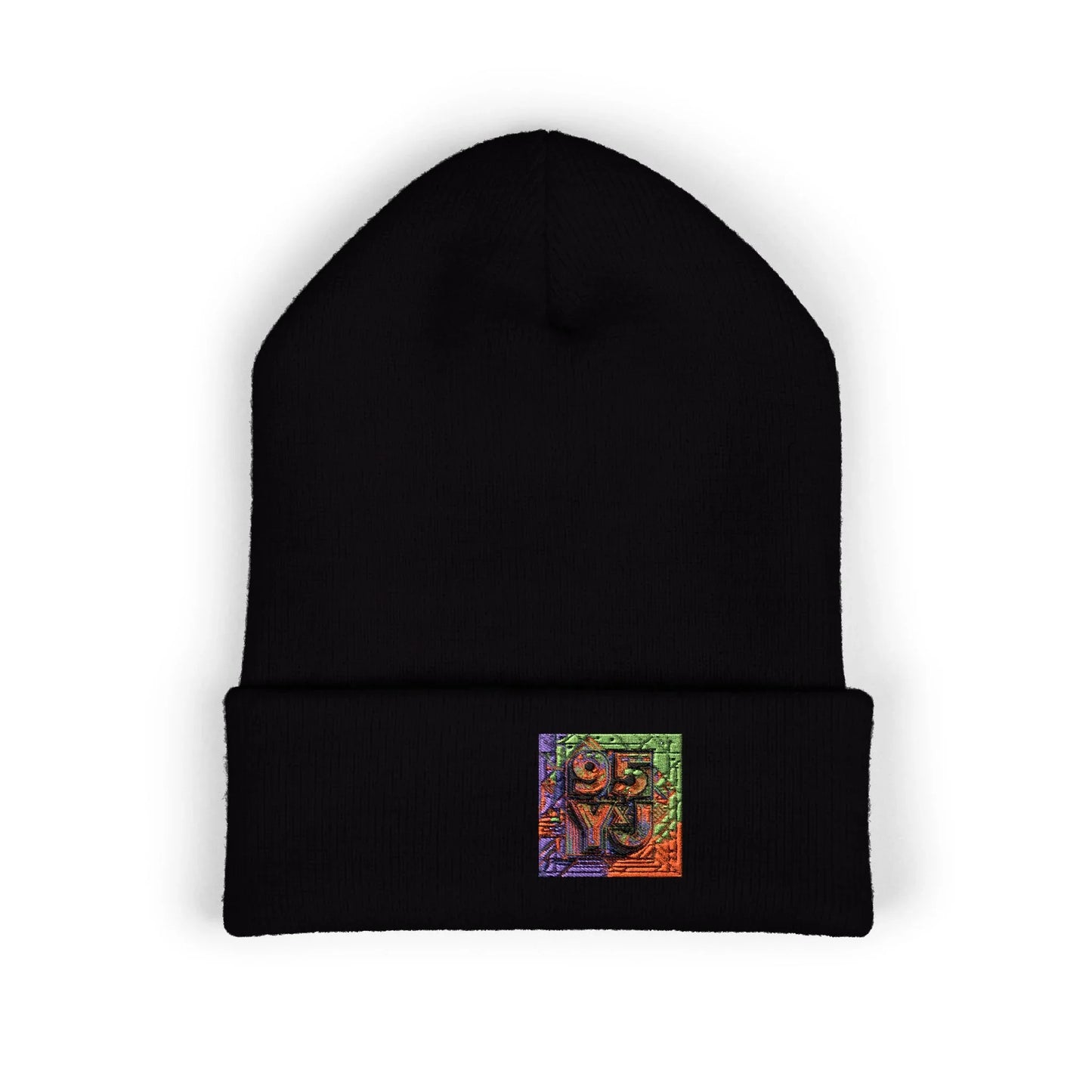 Embroidered Colorful Abstract Square Beanie - Cuffed Knit Hat for Winter