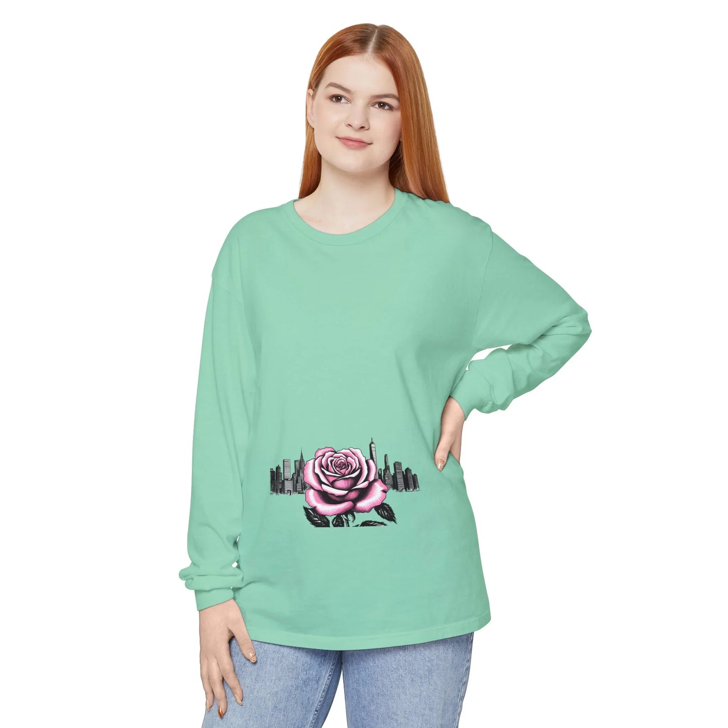 Queens Long Sleeve Tee — Rose & City Skyline Graphic