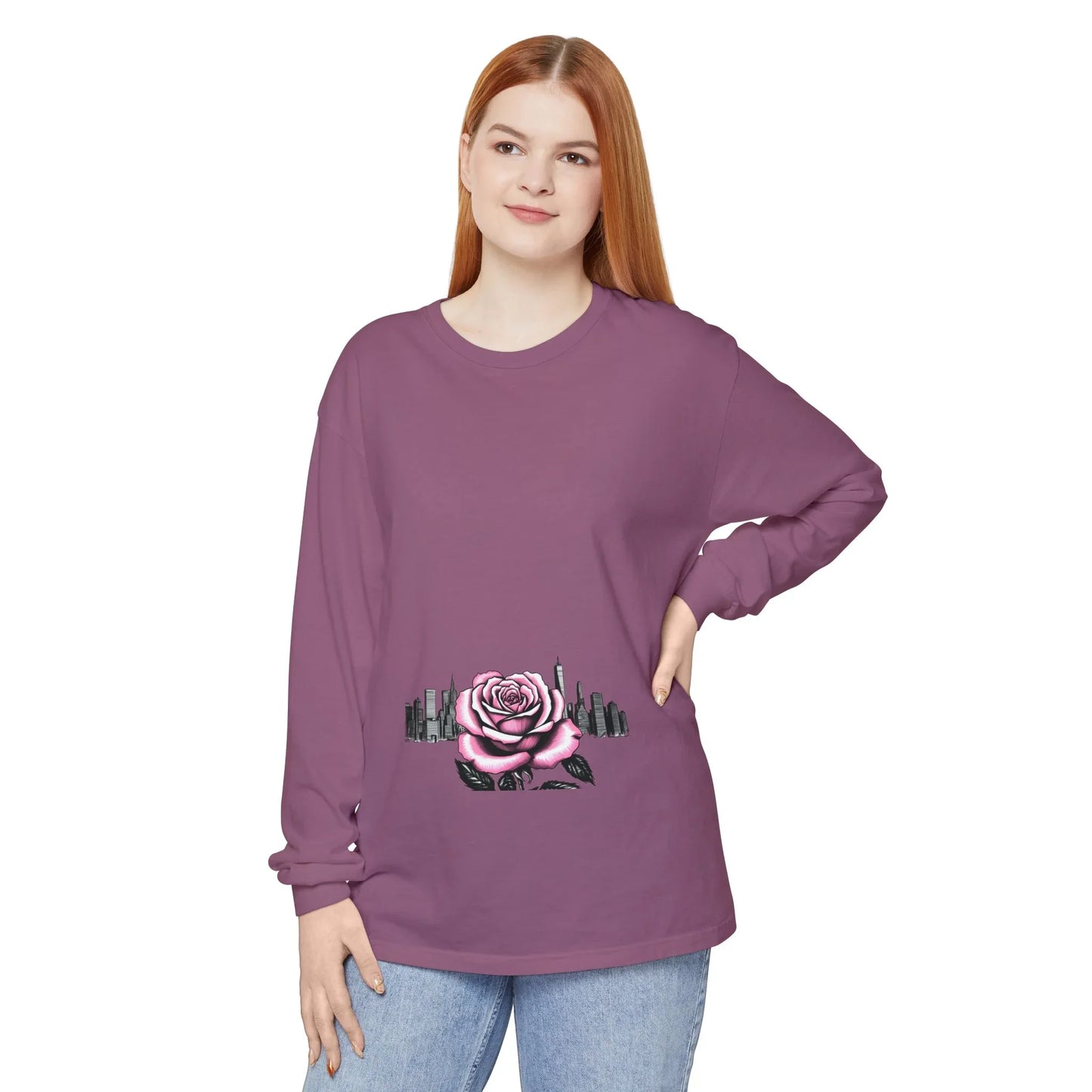 Queens Long Sleeve Tee — Rose & City Skyline Graphic