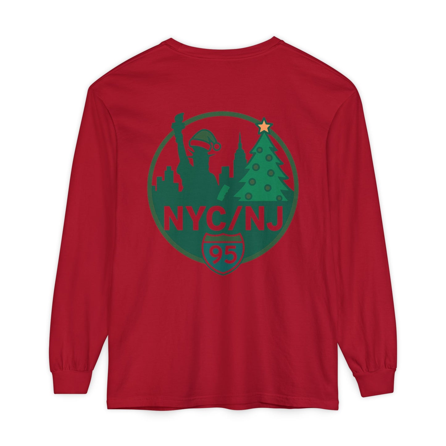 NYC/NJ I-95 Holiday Long Sleeve T-Shirt — Statue of Liberty & Christmas Tree Graphic