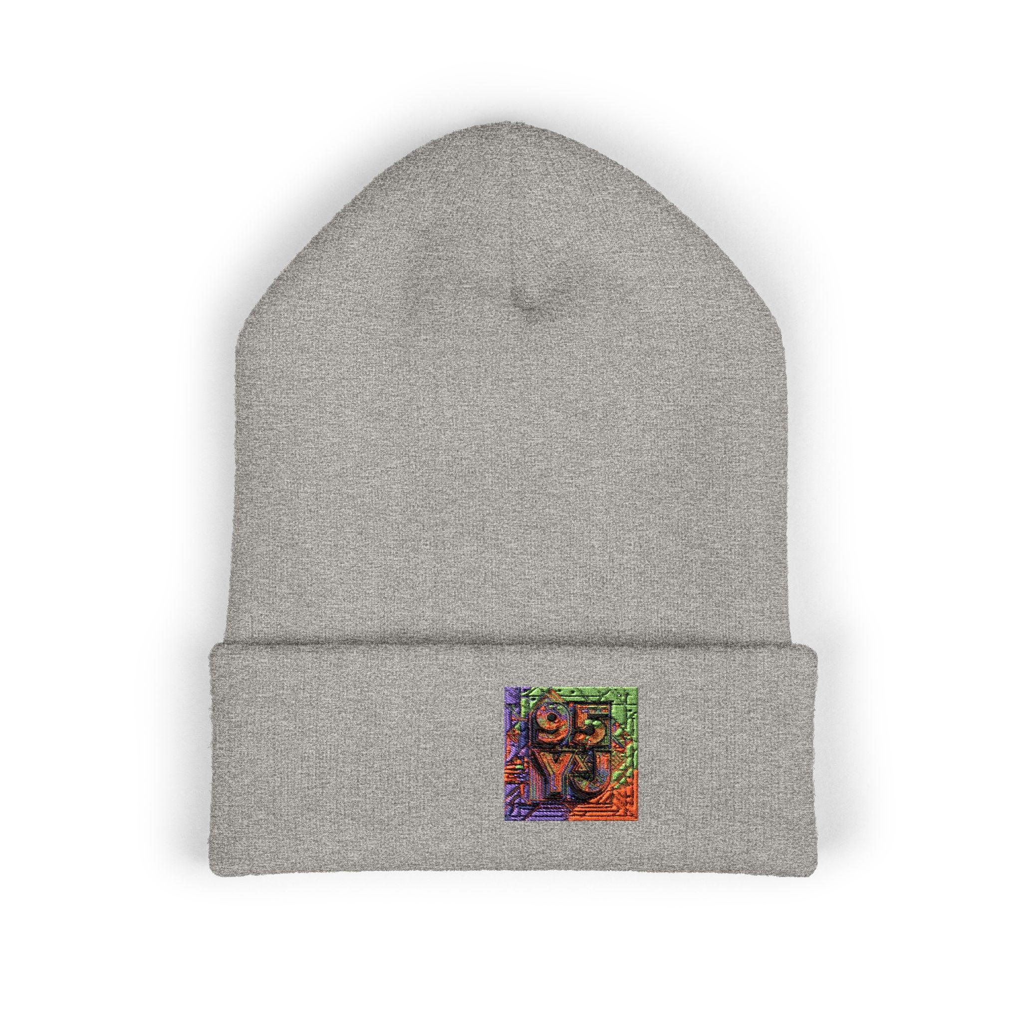 Embroidered Colorful Abstract Square Beanie - Cuffed Knit Hat for Winter