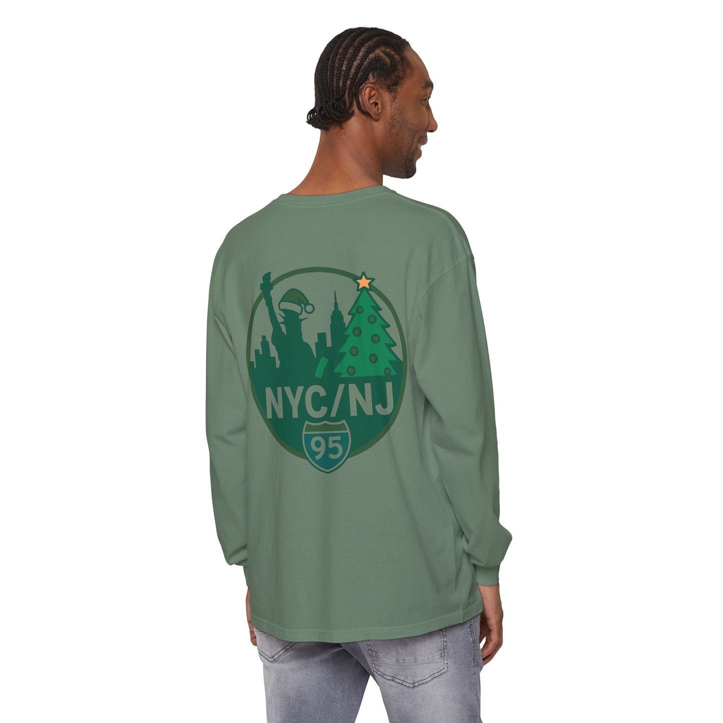 NYC/NJ I-95 Holiday Long Sleeve T-Shirt — Statue of Liberty & Christmas Tree Graphic