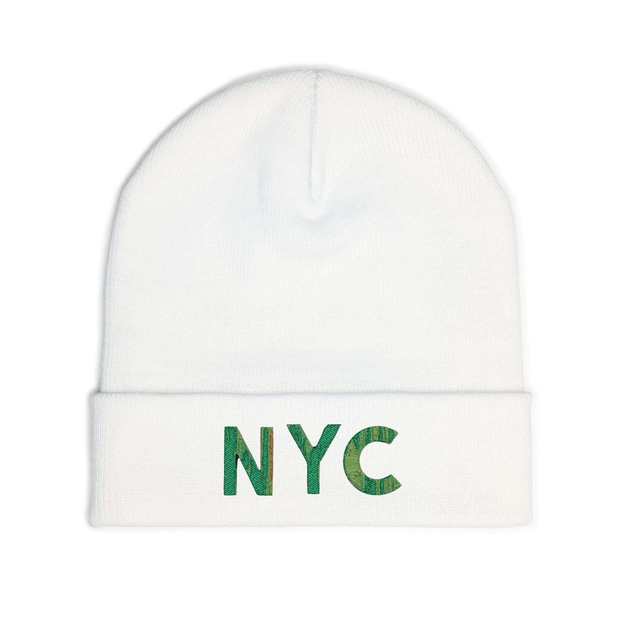 NYC Green Glitter Embroidered Knit Beanie — Sparkle City Winter Hat