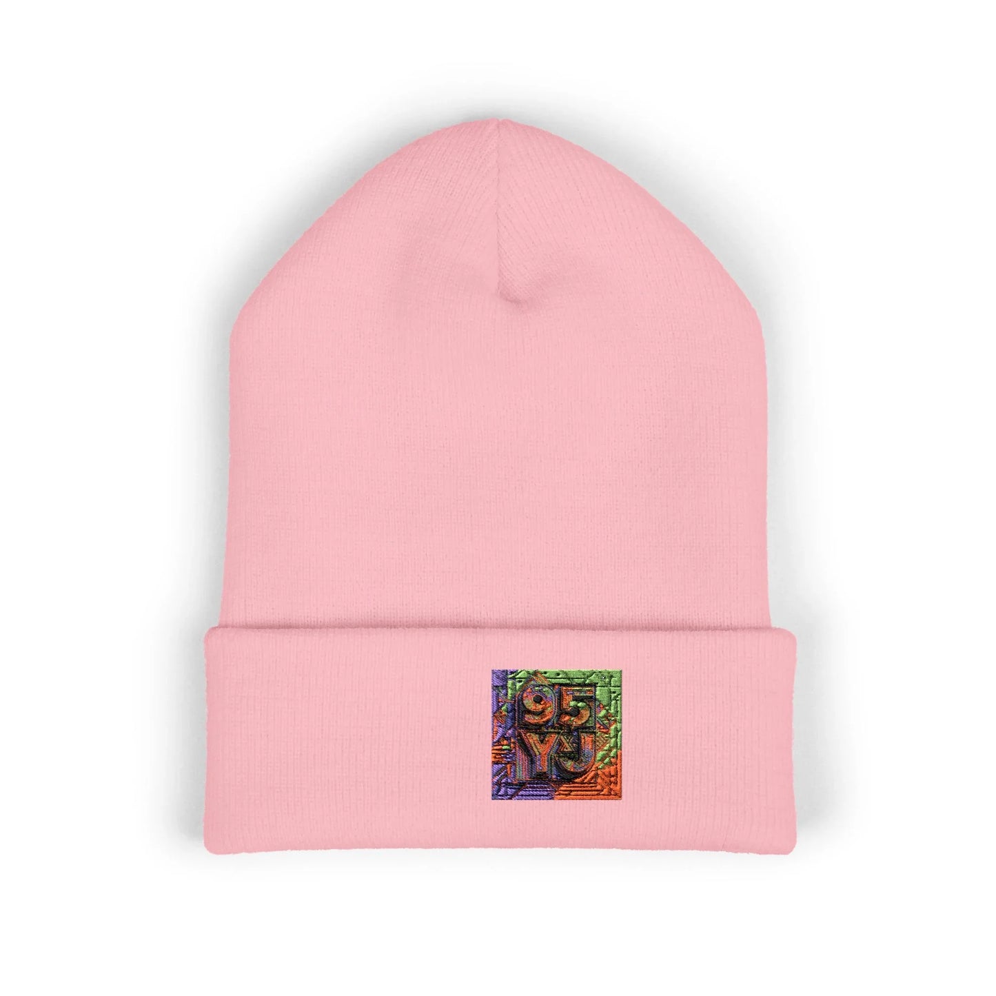Embroidered Colorful Abstract Square Beanie - Cuffed Knit Hat for Winter