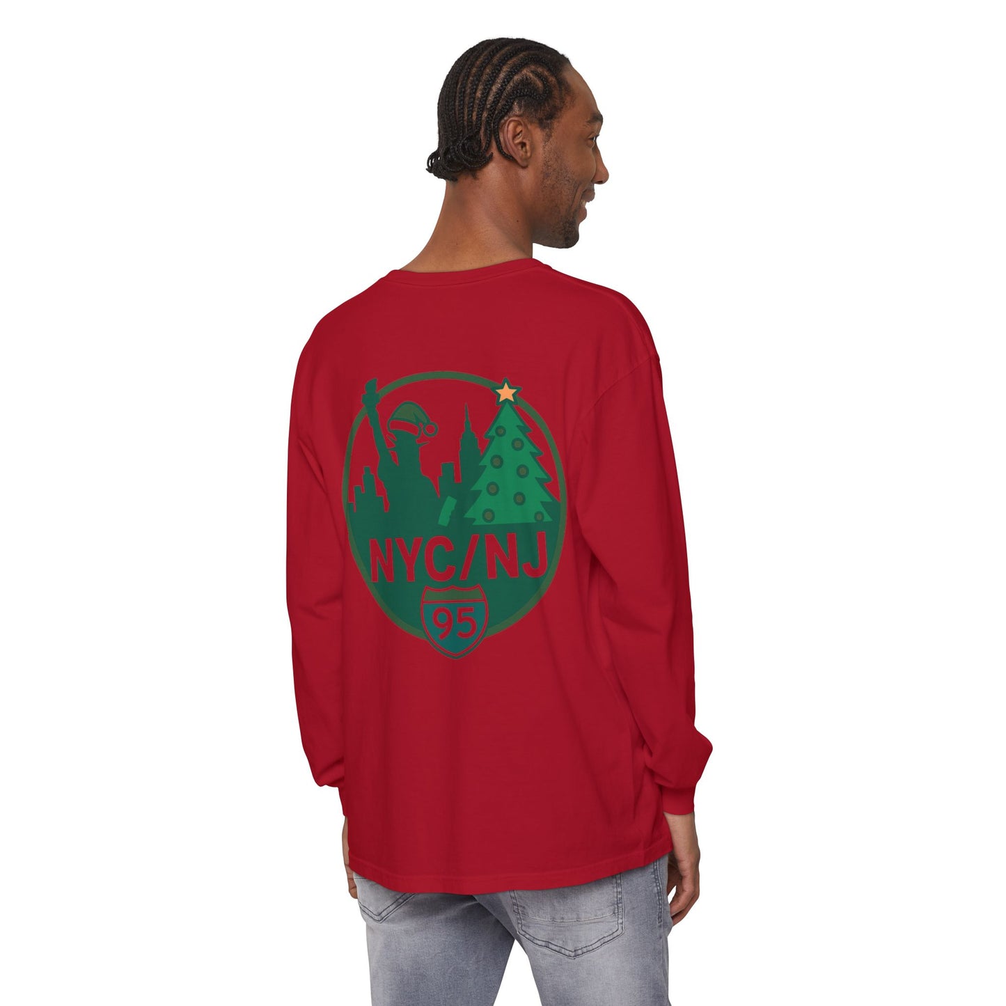 NYC/NJ I-95 Holiday Long Sleeve T-Shirt — Statue of Liberty & Christmas Tree Graphic