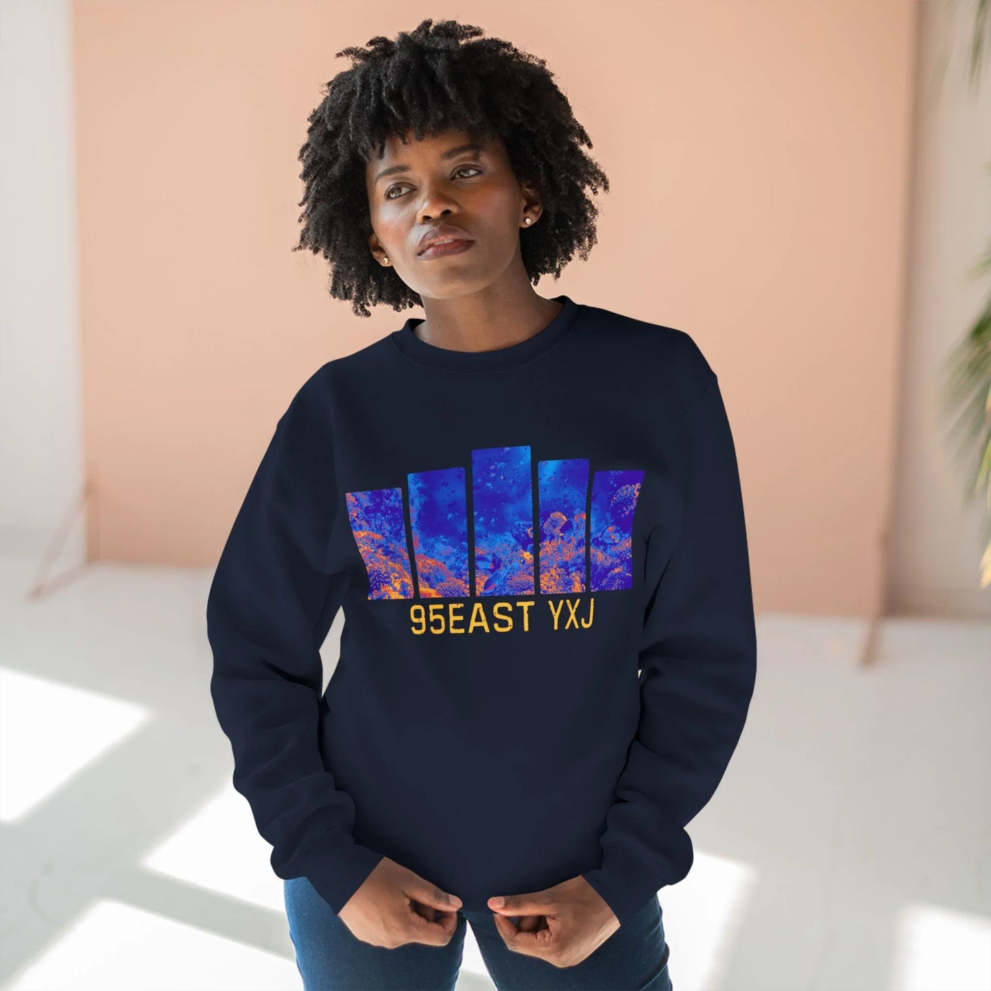 95EAST YXJ Royal Blue Crewneck | Abstract Streetwear Sweatshirt | Unisex Heavyweight Pullover