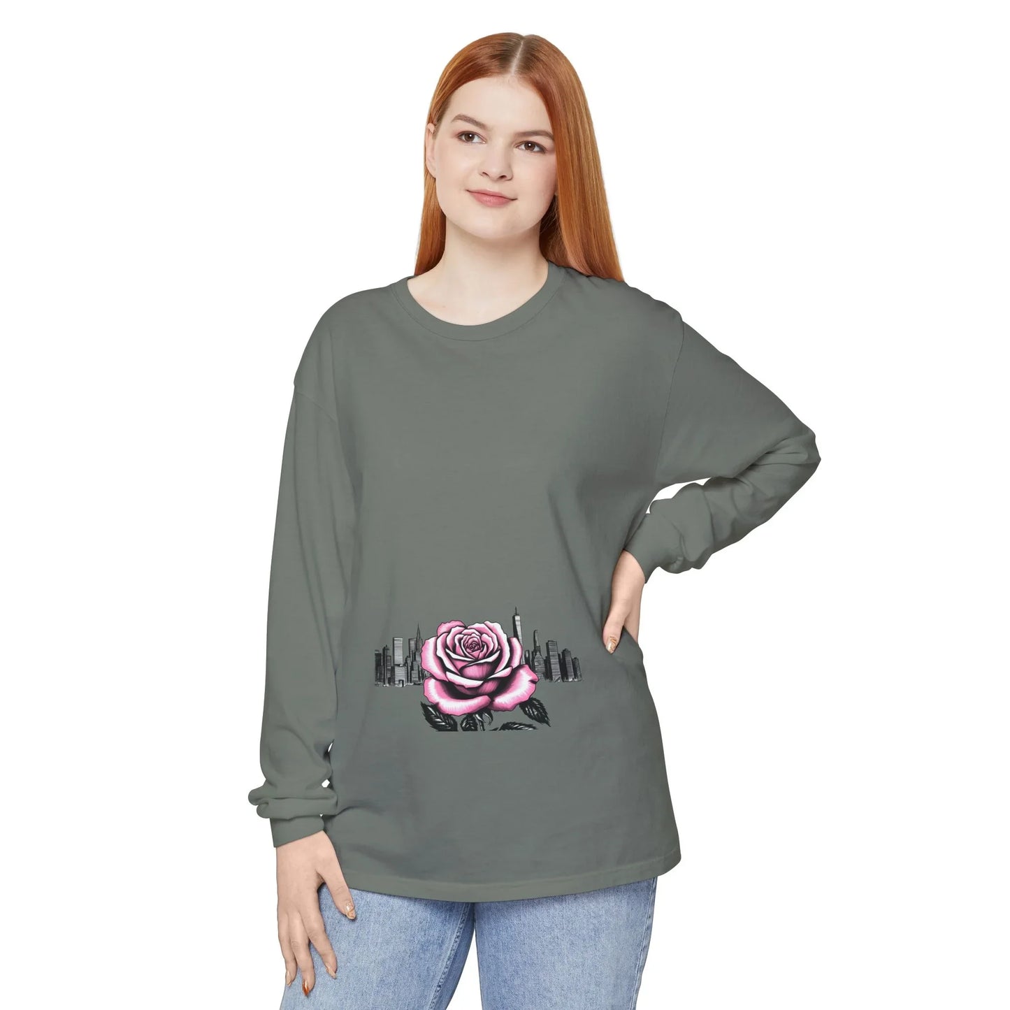 Queens Long Sleeve Tee — Rose & City Skyline Graphic
