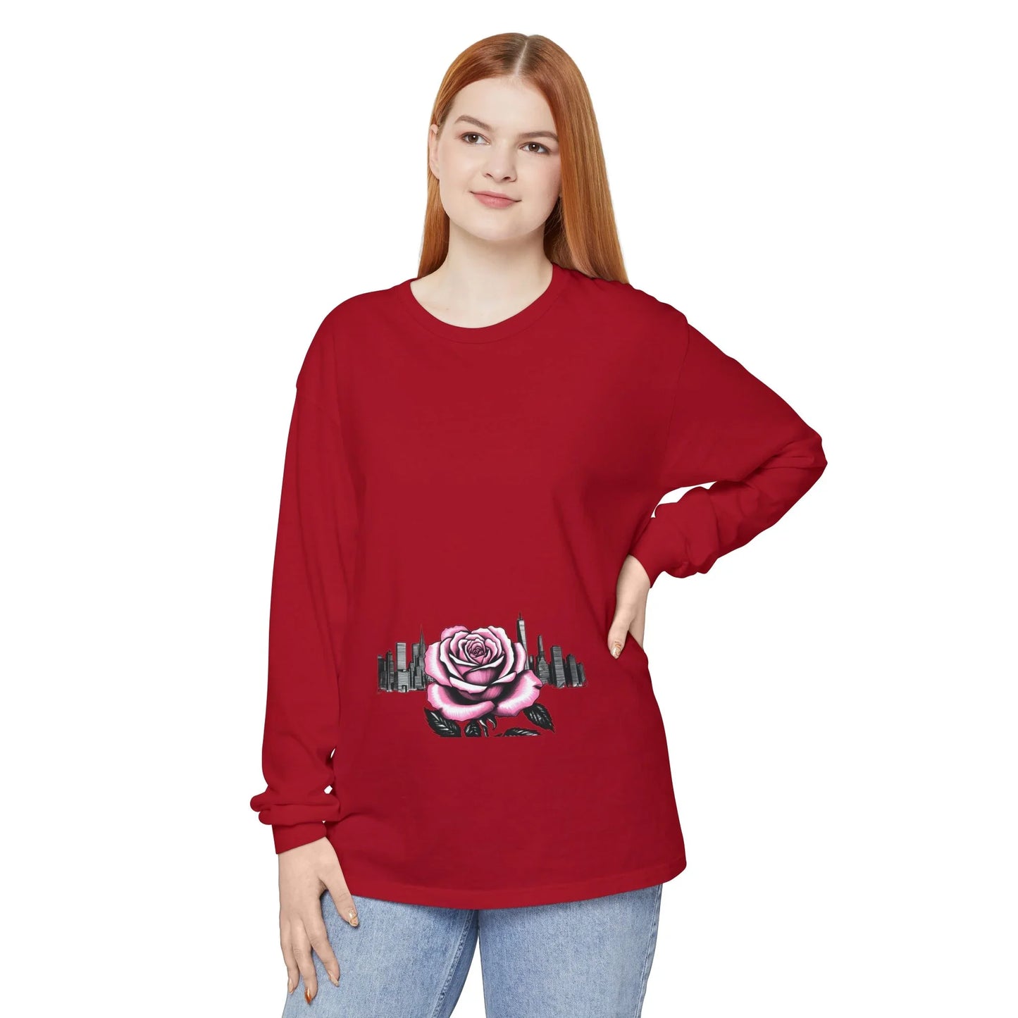 Queens Long Sleeve Tee — Rose & City Skyline Graphic