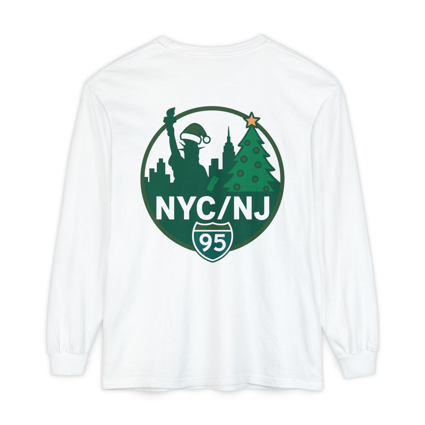 NYC/NJ I-95 Holiday Long Sleeve T-Shirt — Statue of Liberty & Christmas Tree Graphic