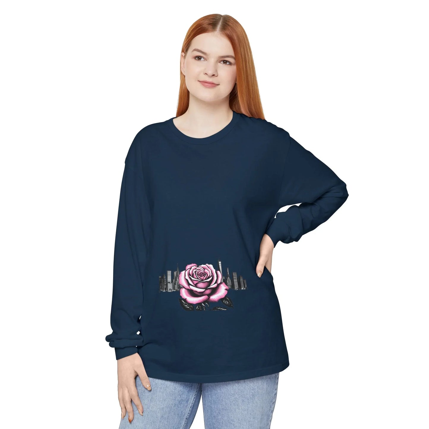 Queens Long Sleeve Tee — Rose & City Skyline Graphic