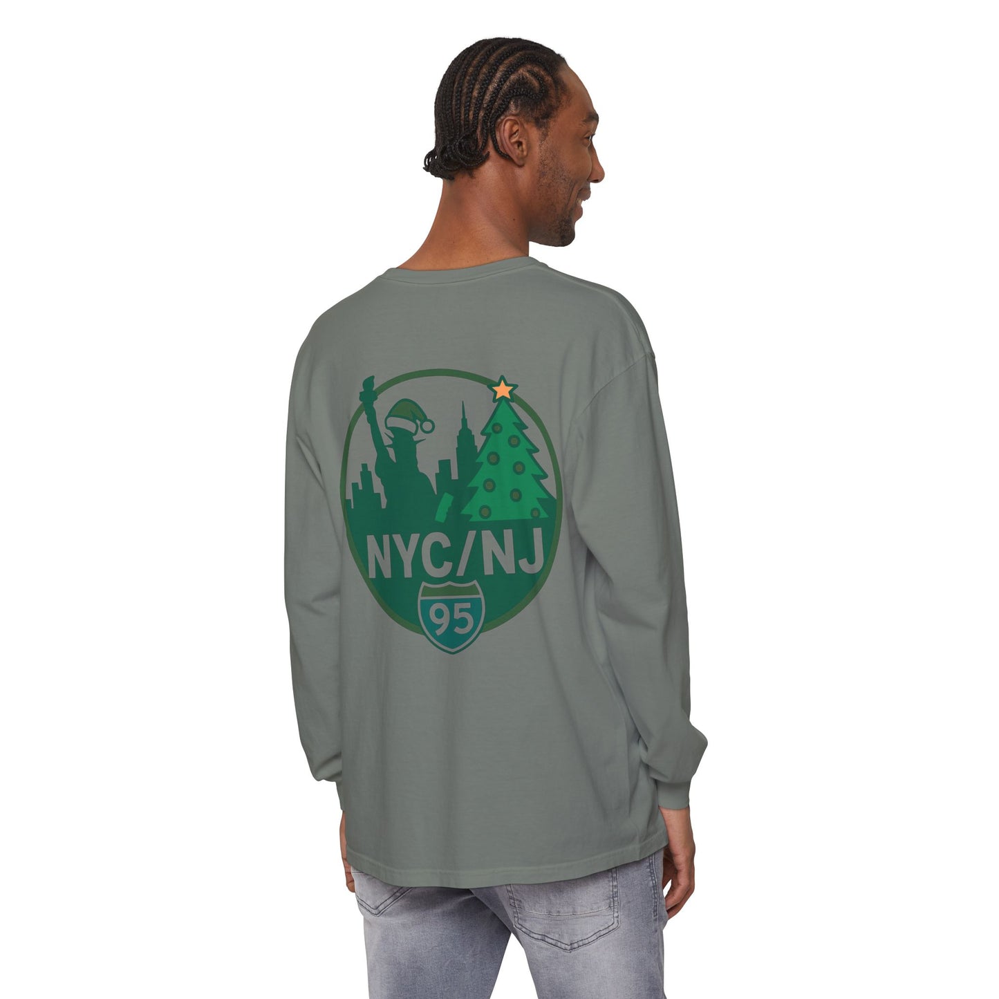 NYC/NJ I-95 Holiday Long Sleeve T-Shirt — Statue of Liberty & Christmas Tree Graphic