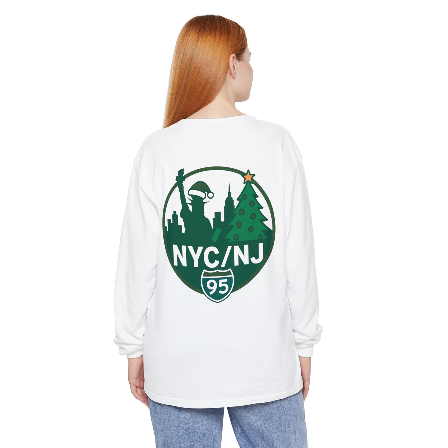 NYC/NJ I-95 Holiday Long Sleeve T-Shirt — Statue of Liberty & Christmas Tree Graphic