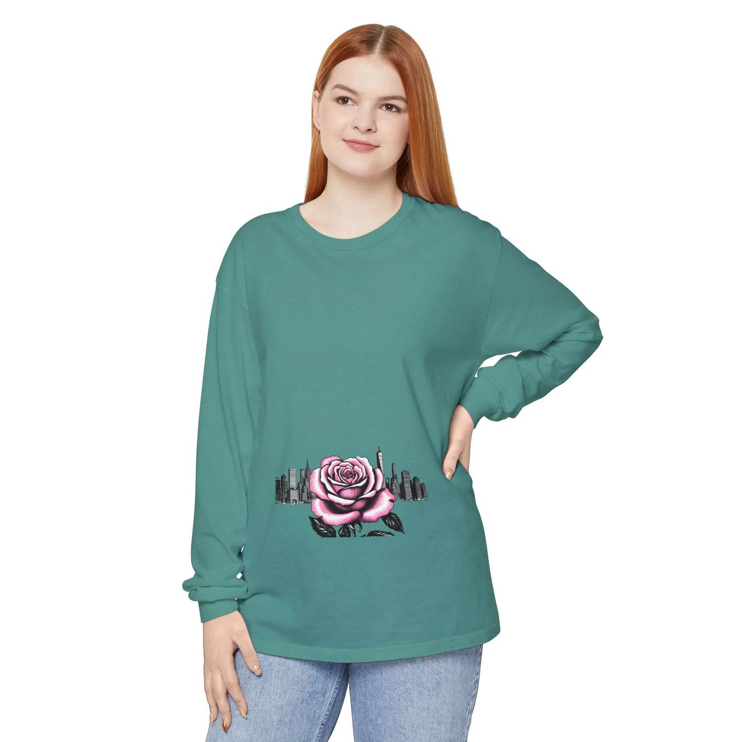 Queens Long Sleeve Tee — Rose & City Skyline Graphic