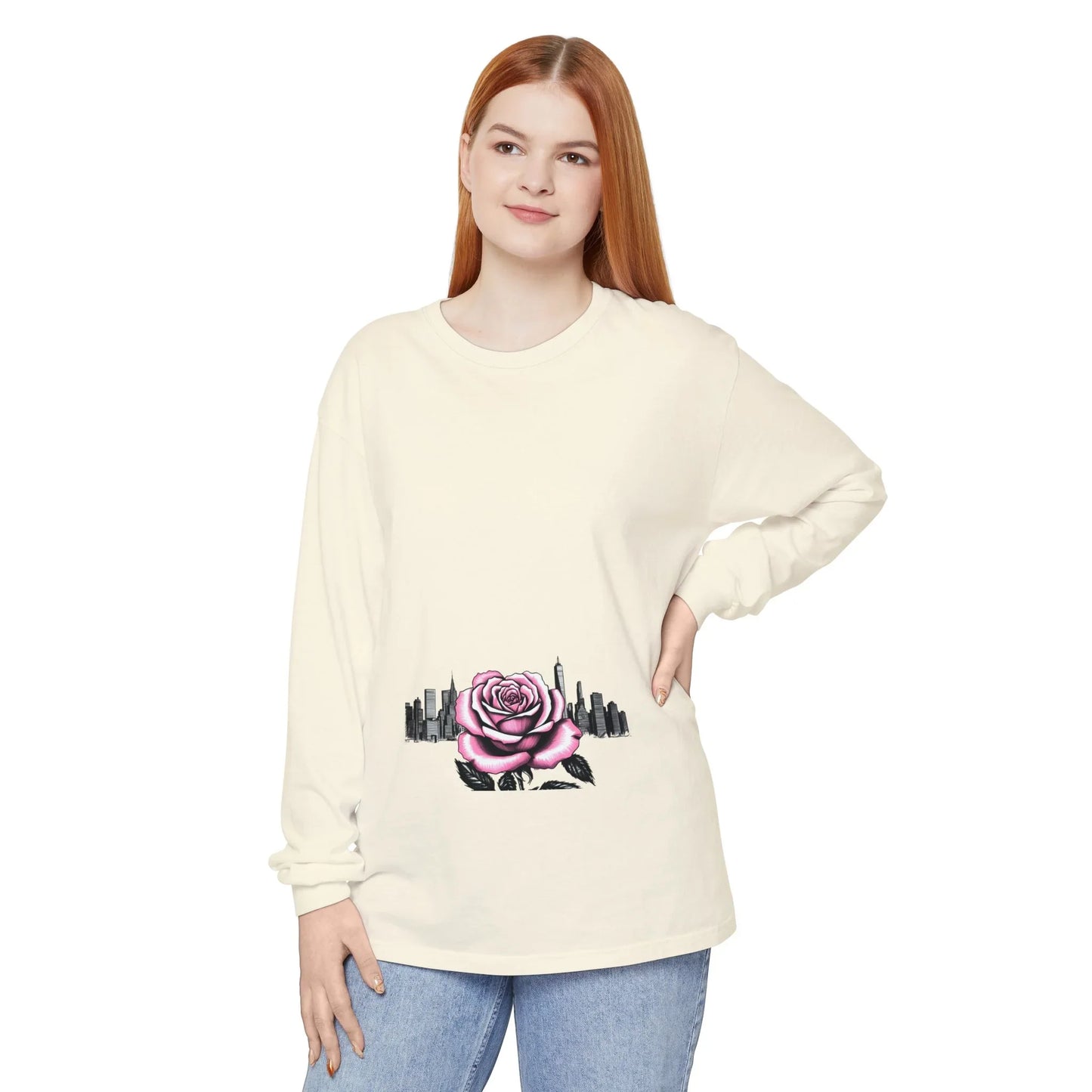 Queens Long Sleeve Tee — Rose & City Skyline Graphic