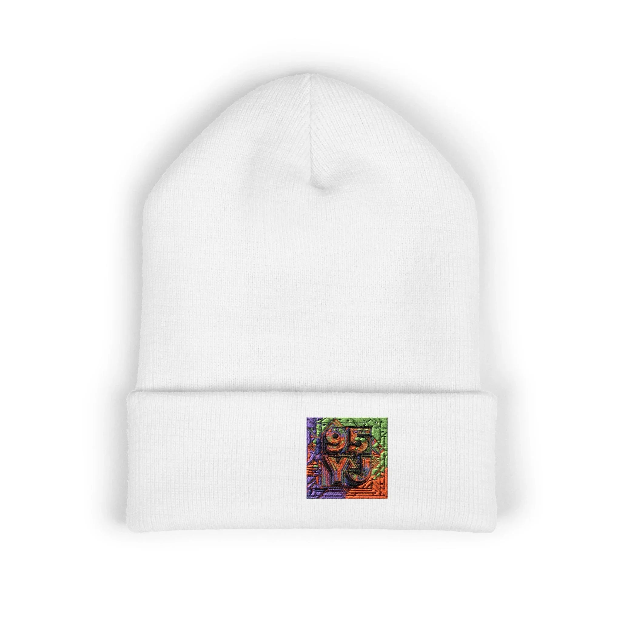 Embroidered Colorful Abstract Square Beanie - Cuffed Knit Hat for Winter